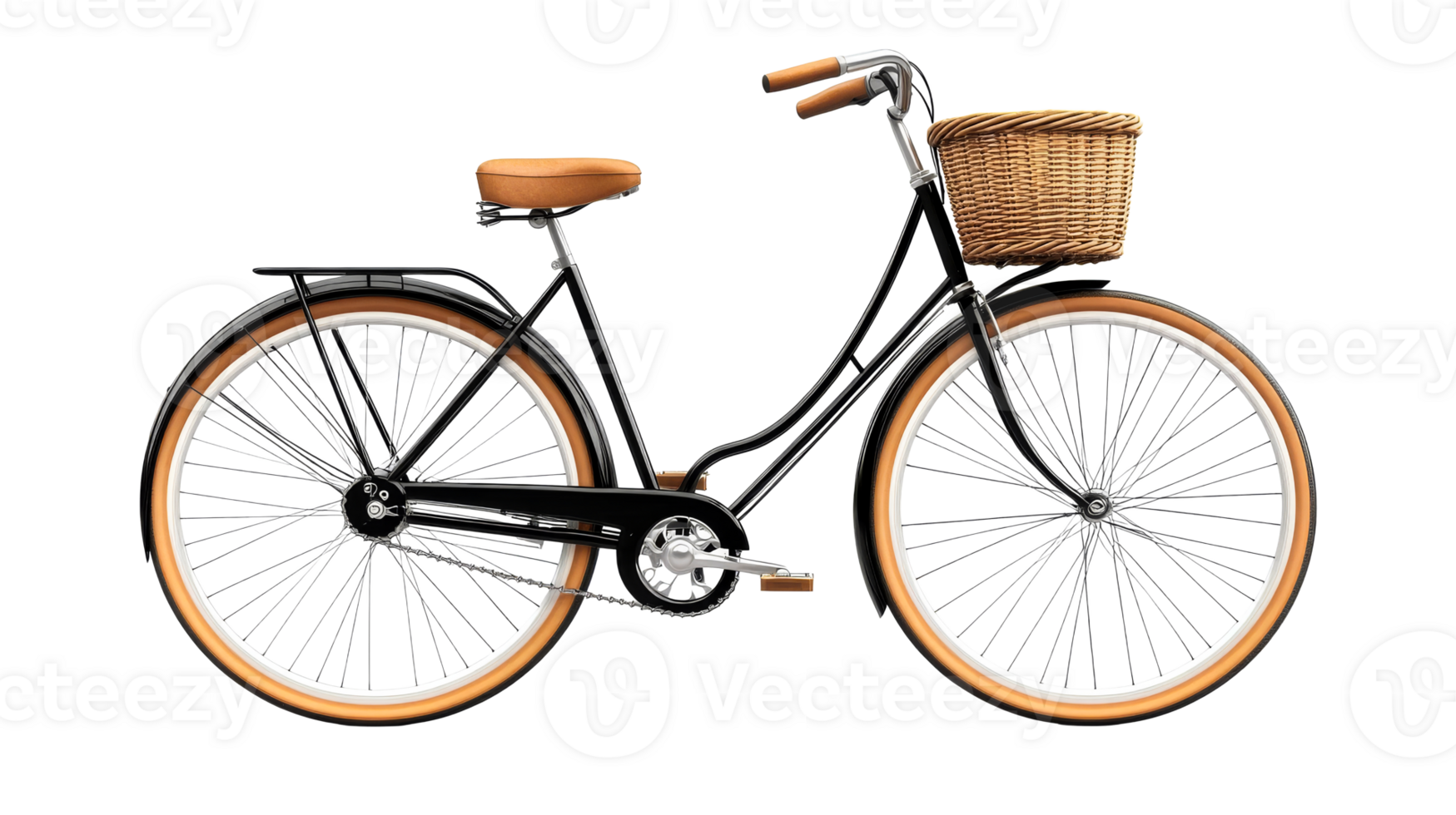 City bicycle with wicker basket, cut out transparent png