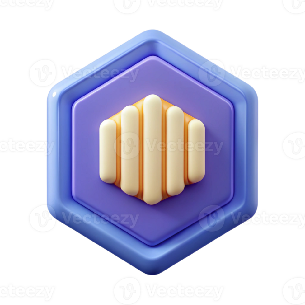 melancholic striking Hexagonal badge with three vertical lines. Flat color, symmetrical, minimal expertly shot png