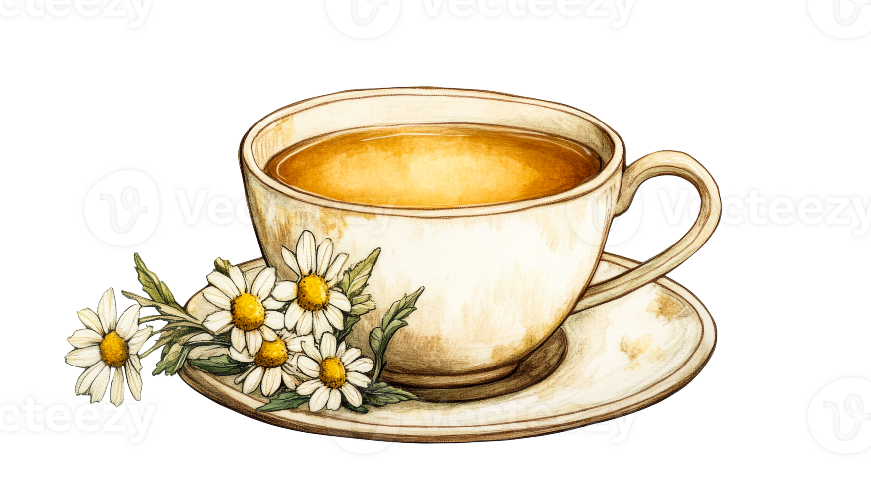Teacup with chamomile blooms, cut out transparent png