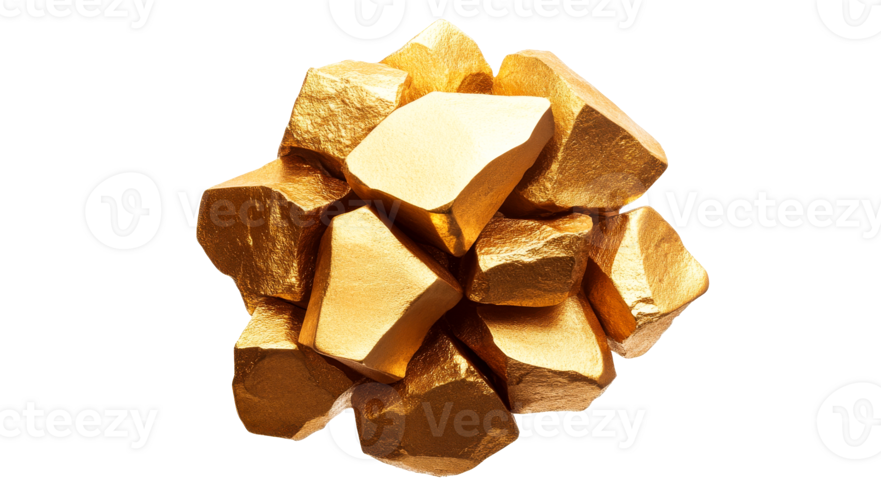 Gold nugget heap on black background, cut out transparent png