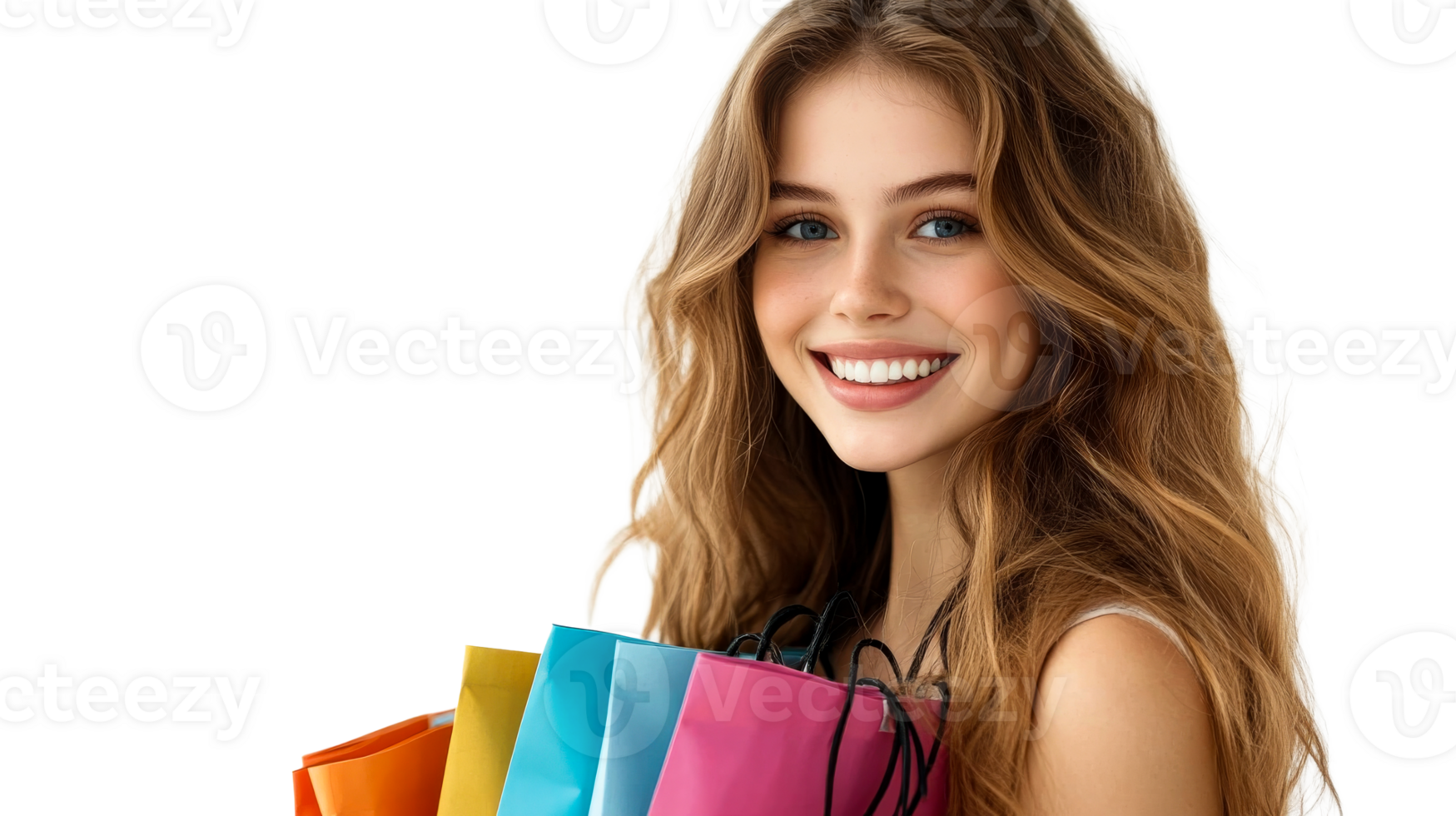 Smiling woman with shopping bags, cut out transparent png