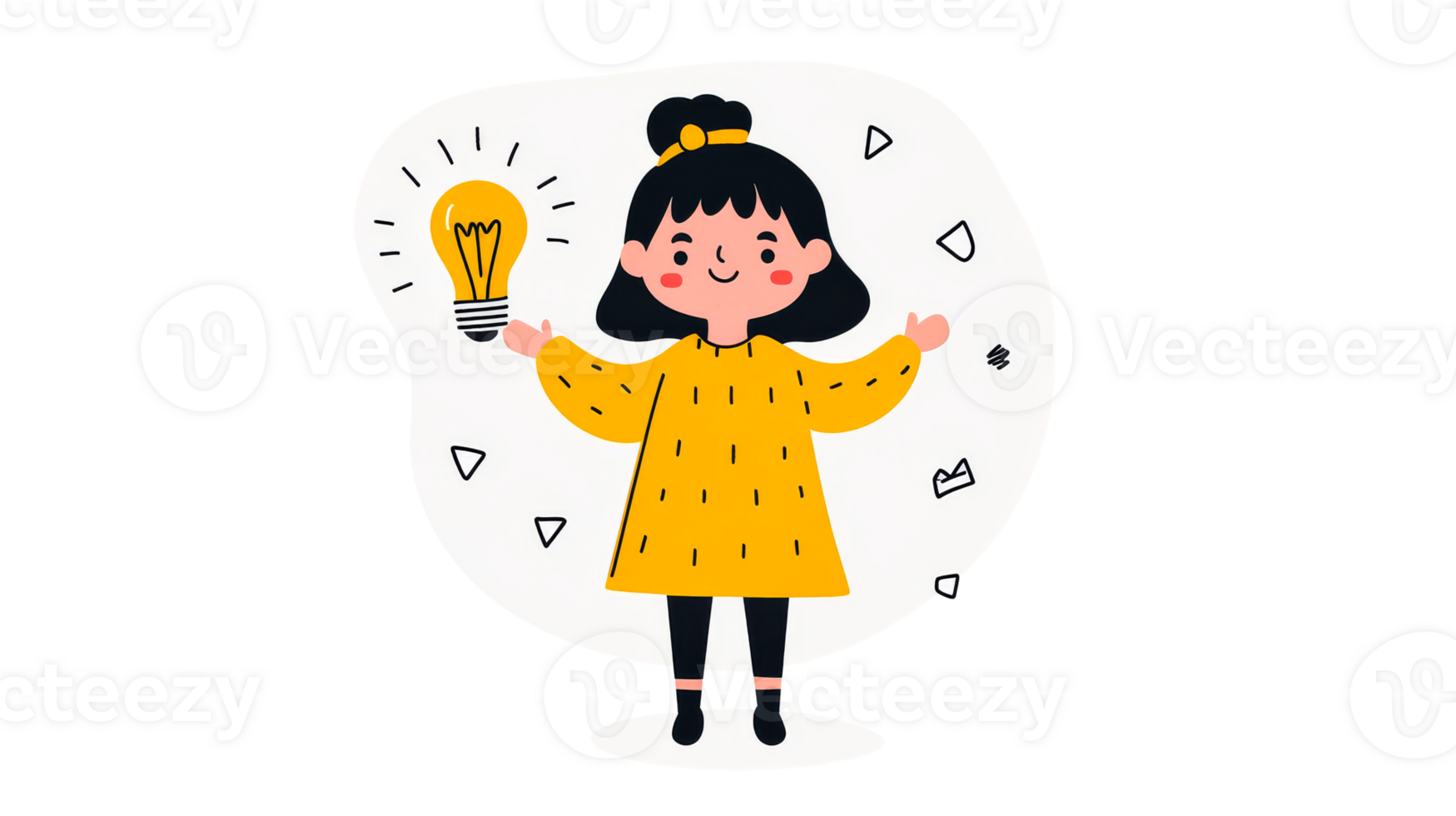 Girl with lightbulb, idea moment, cut out transparent png