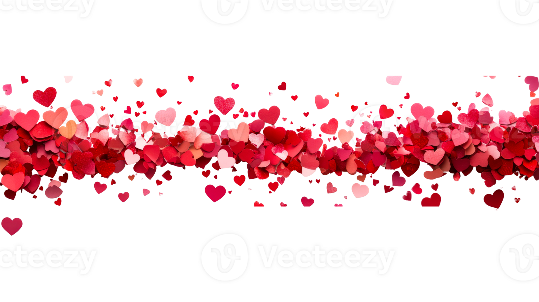 Red heart confetti horizontal border, cut out transparent png