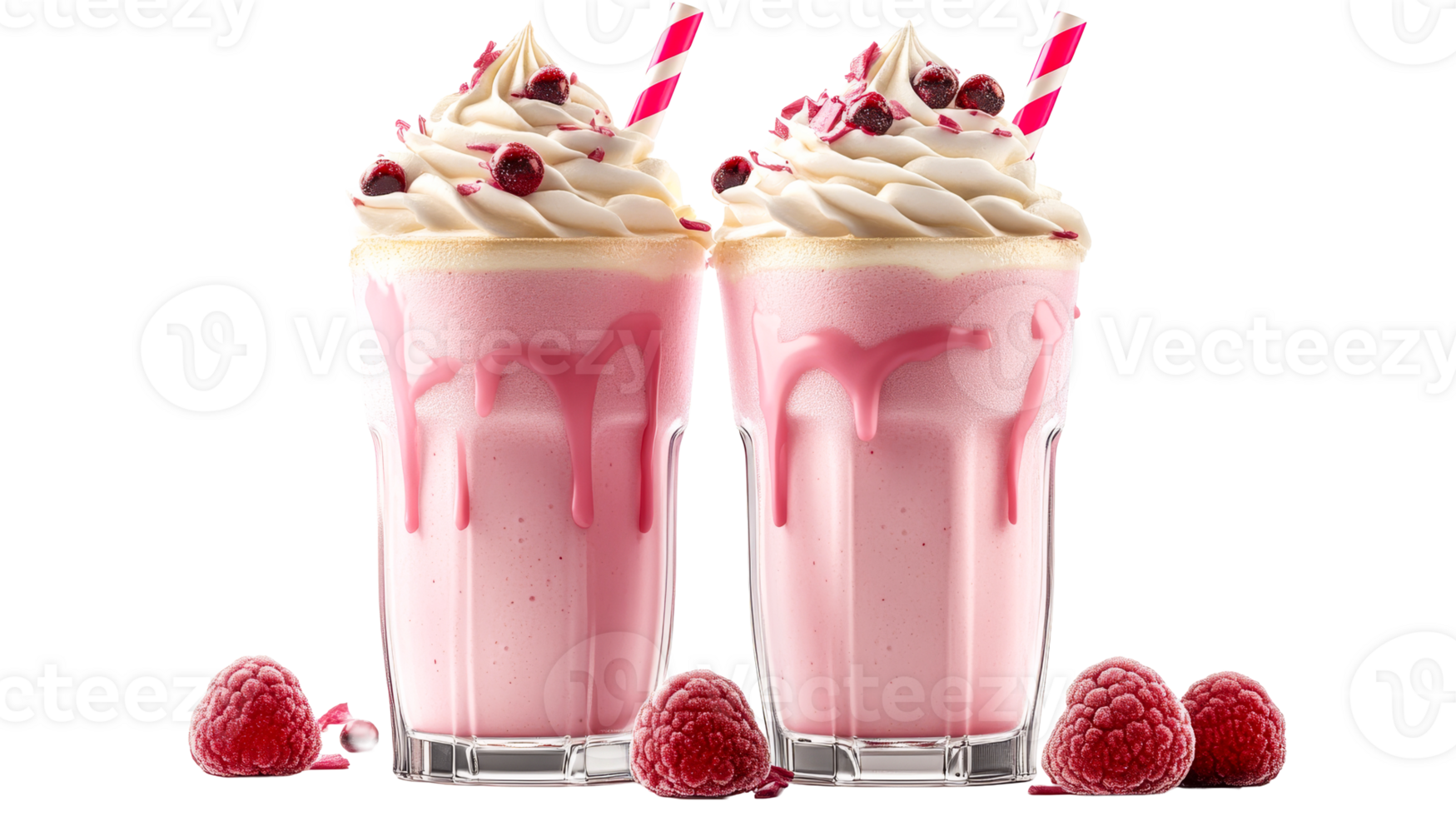 Two pink milkshakes with fruit, cut out transparent png