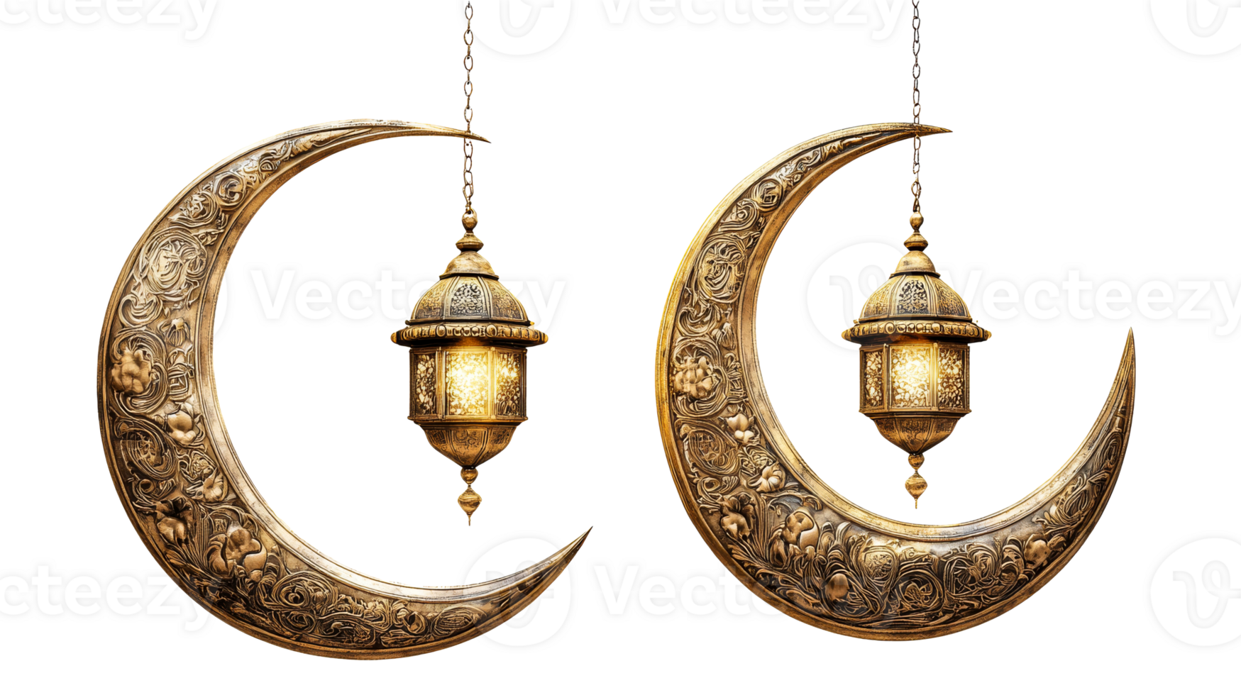 Golden crescent moon, lantern, cut out transparent png
