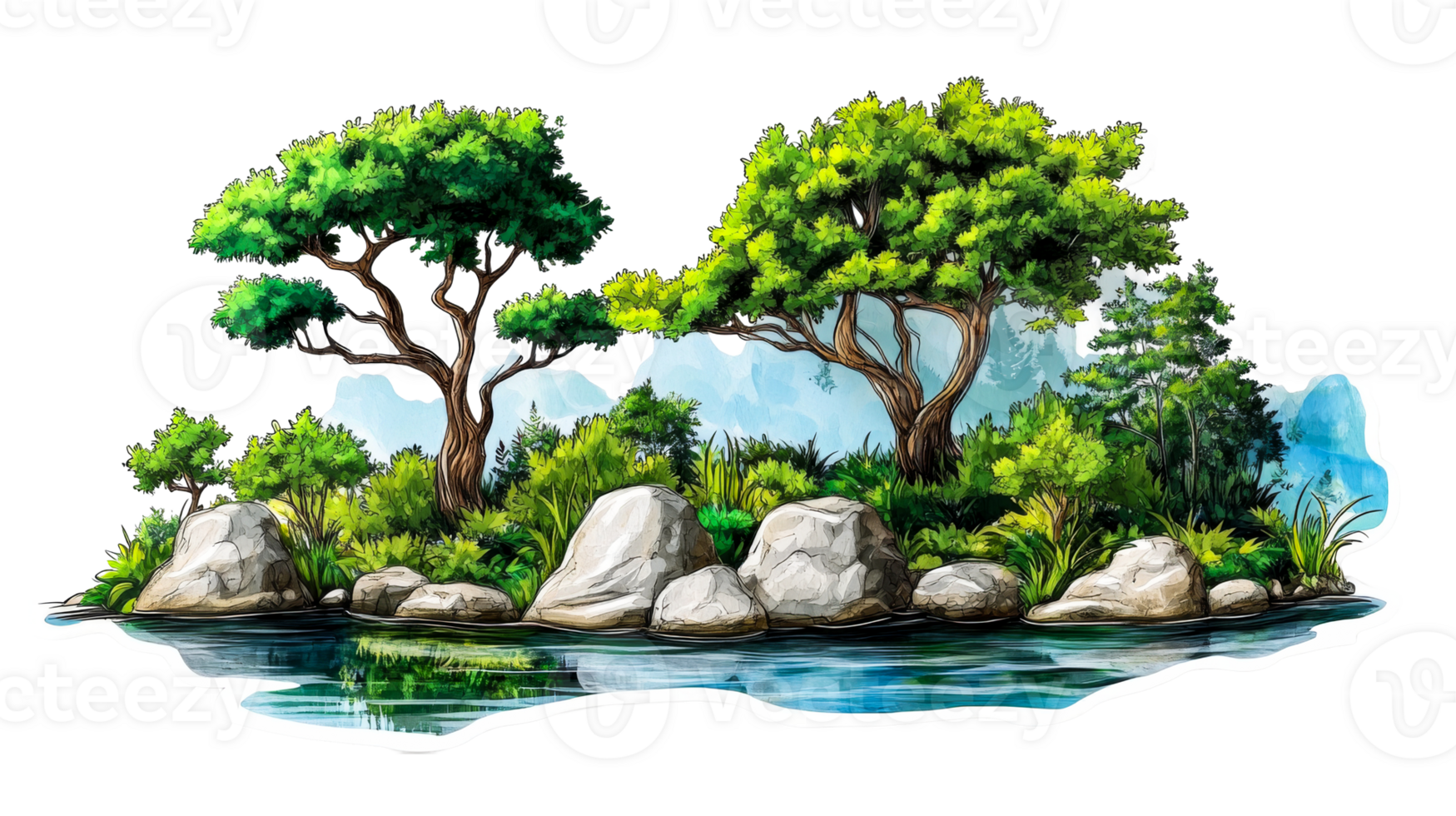 Waterside with Trees and Rocks, cut out transparent png