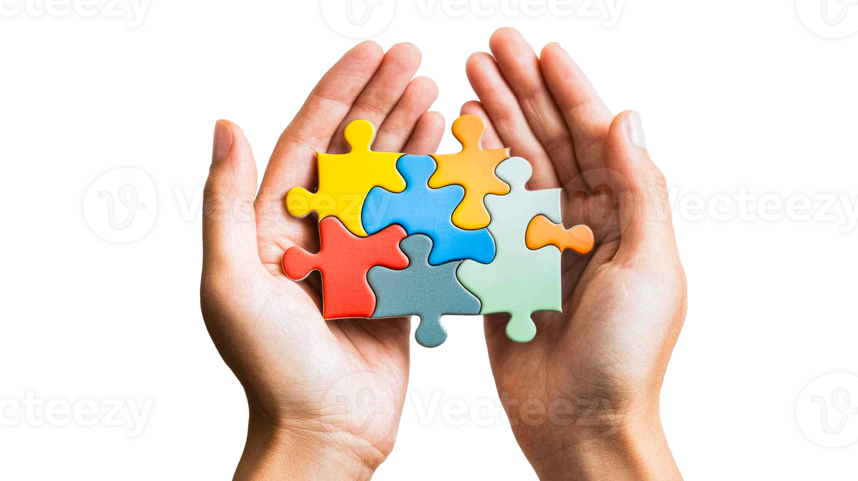Hands Hold Colorful Jigsaw Puzzle, cut out transparent png