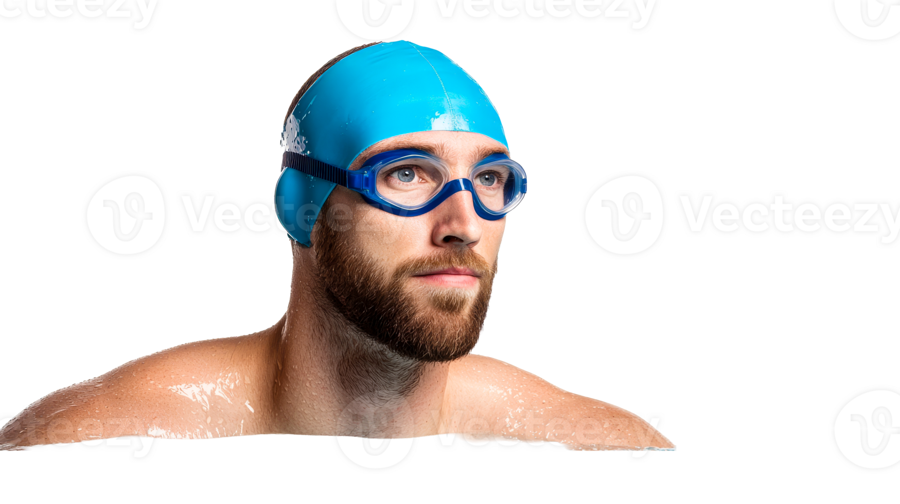 Swimmer portrait with goggles and cap, cut out transparent png