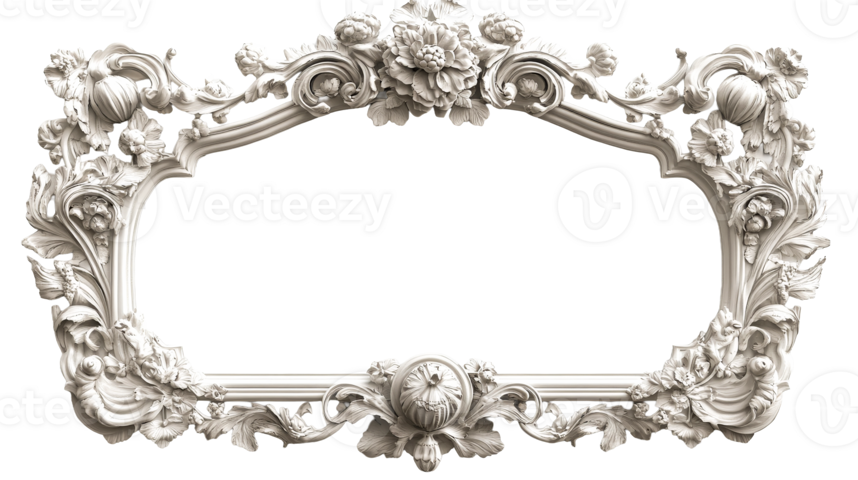 Floral stucco frame on black, cut out transparent png
