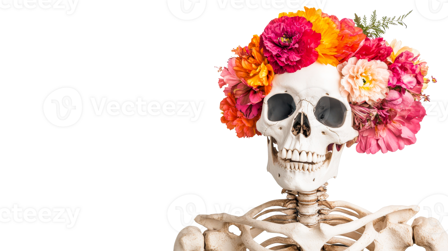 Floral adorned skeleton with vibrant flowers png