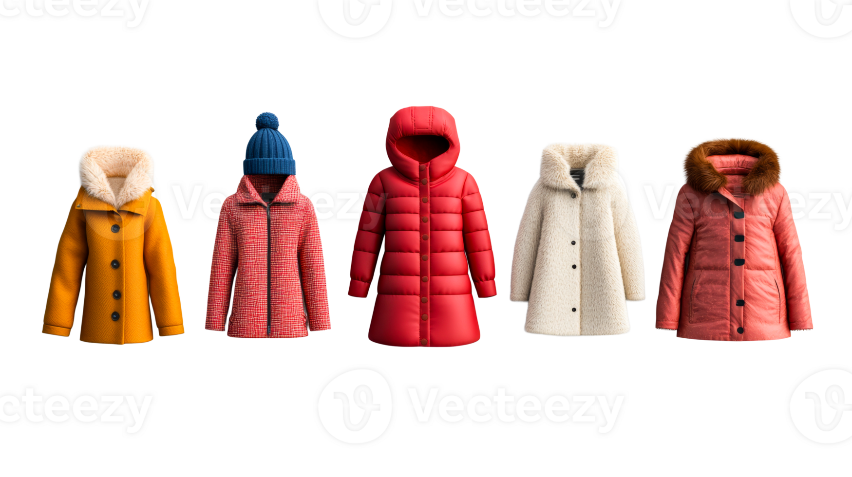 Colorful collection of winter coats with hats png