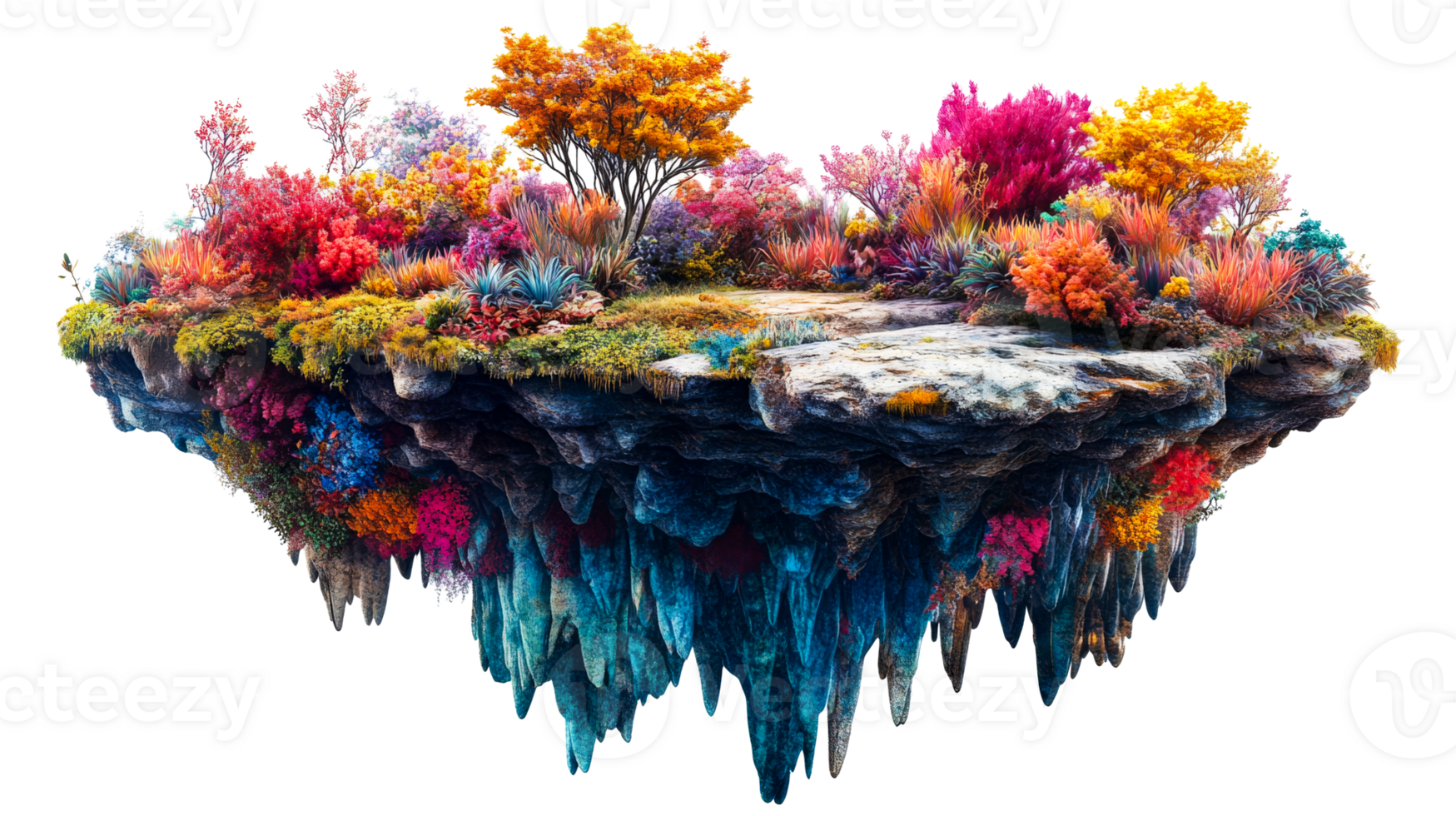 Floating island with vibrant vegetation and colors png