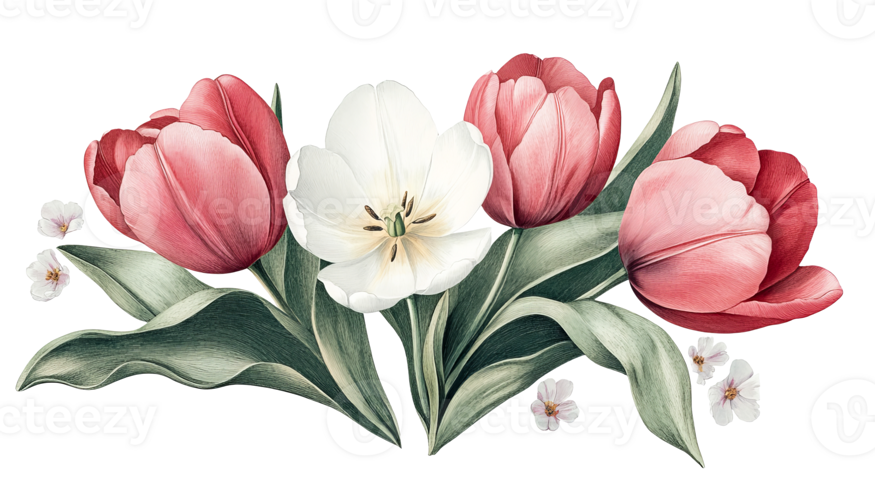Colorful tulips arranged with leaves and blossoms png
