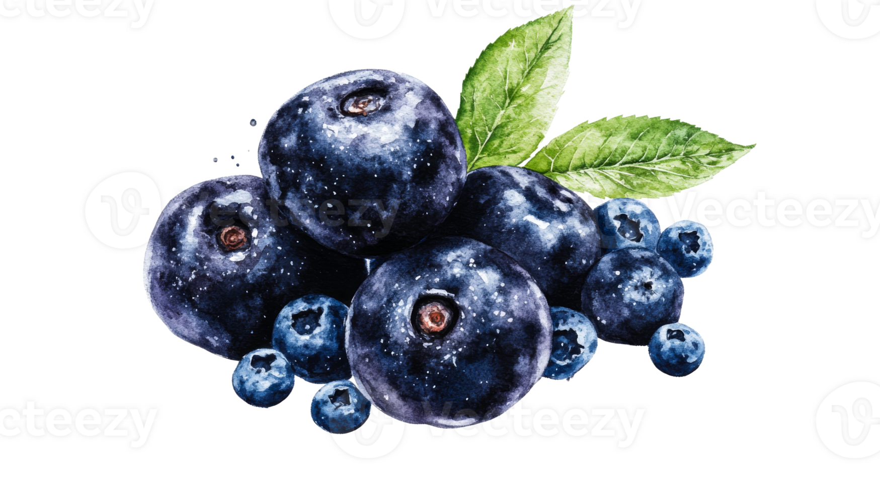 Blueberries with green leaves, transparent bg png