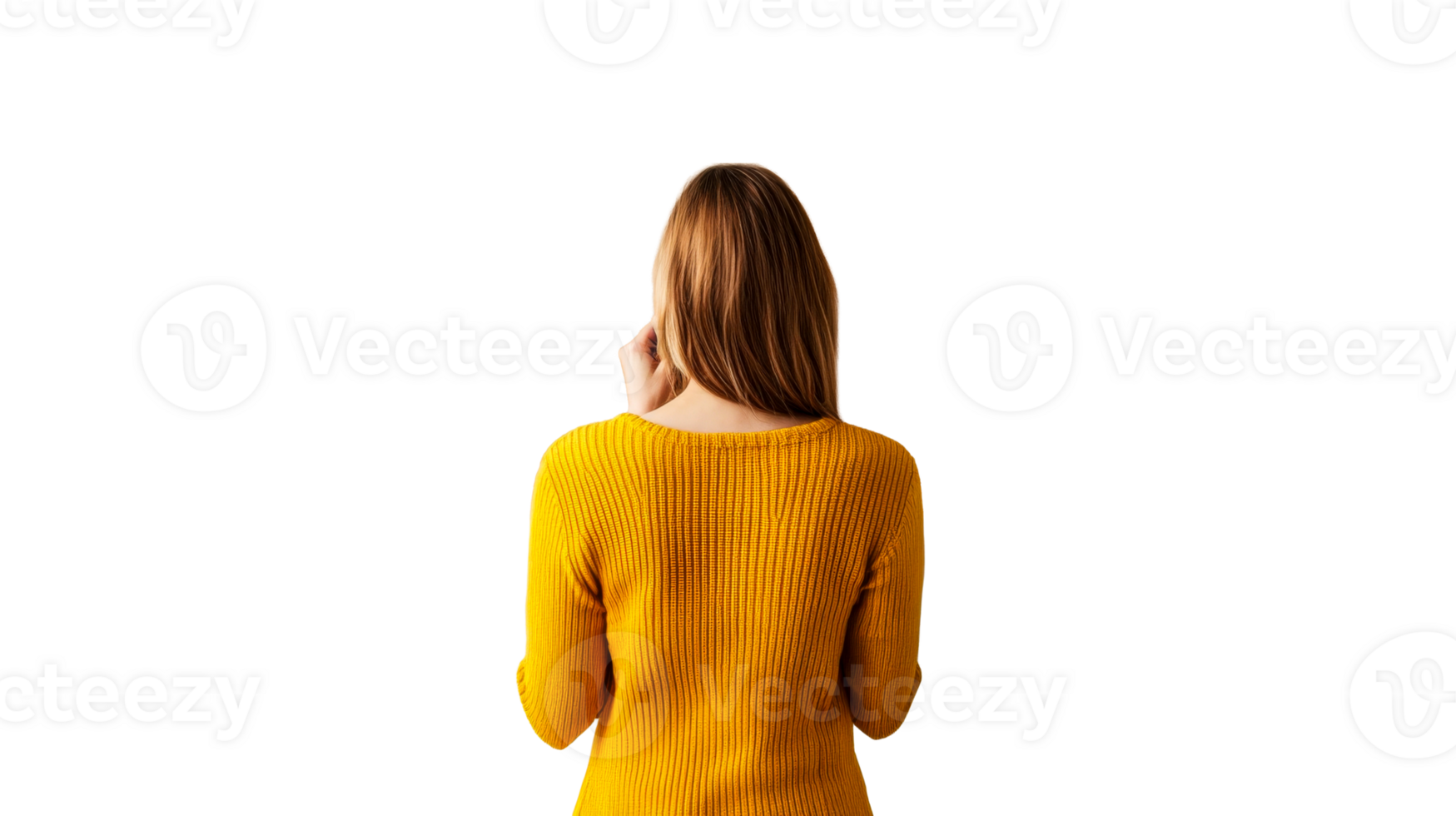 Woman in yellow sweater standing with back turned png
