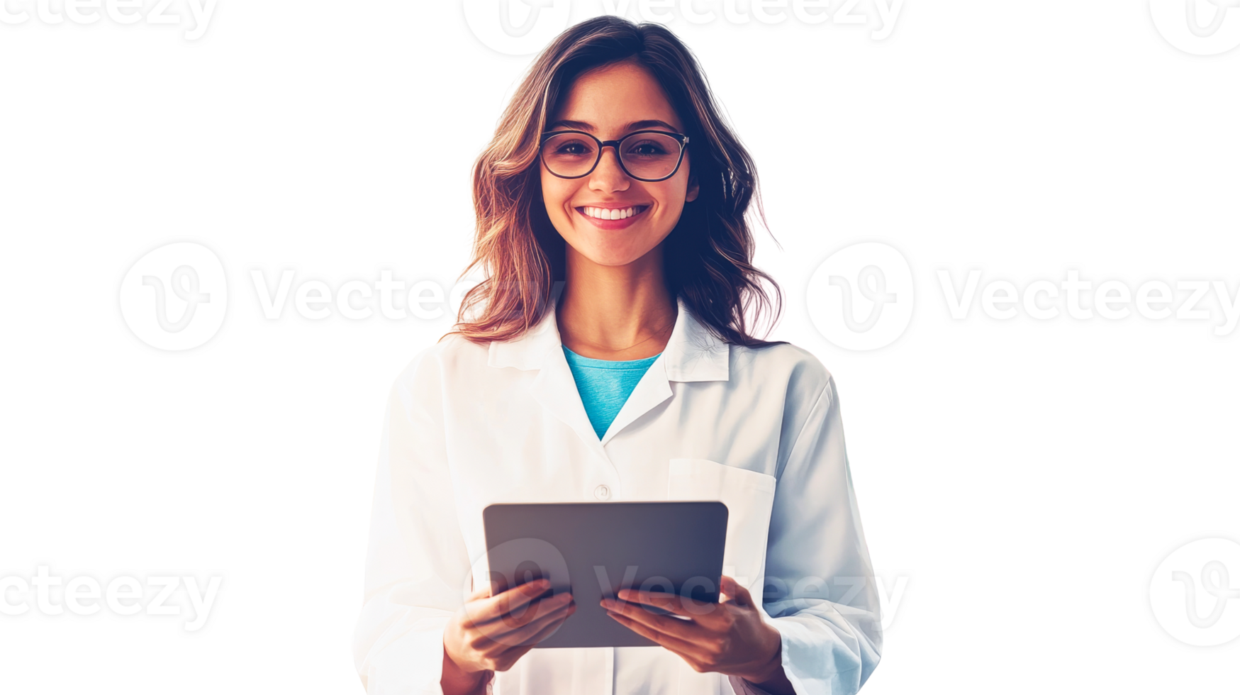 Smiling woman in lab coat holding tablet png
