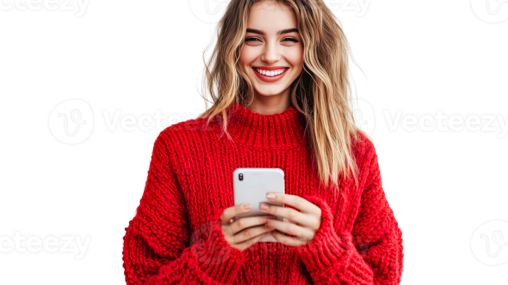 Woman smiling and using smartphone in cozy sweater png