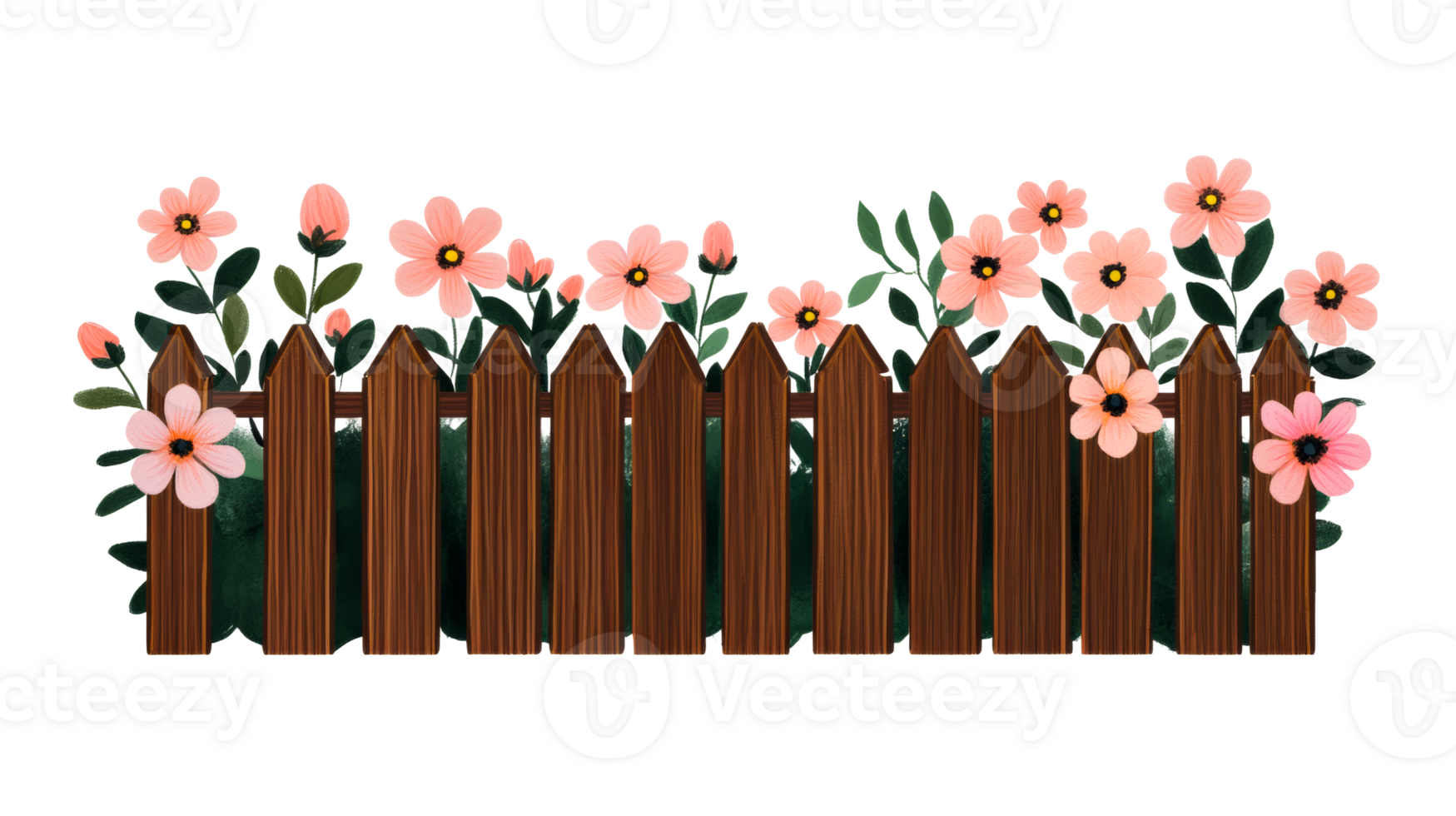 Decorative wooden fence adorned with pink flowers png
