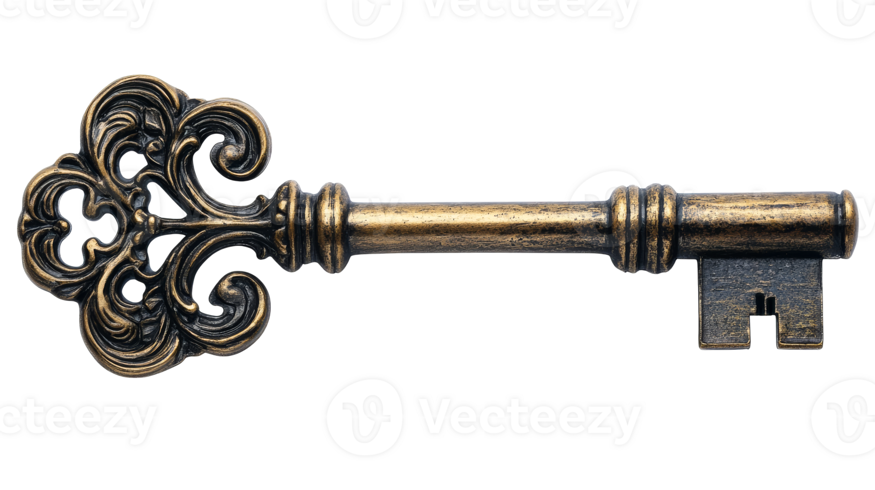 Bronze ornate key, cut out transparent png