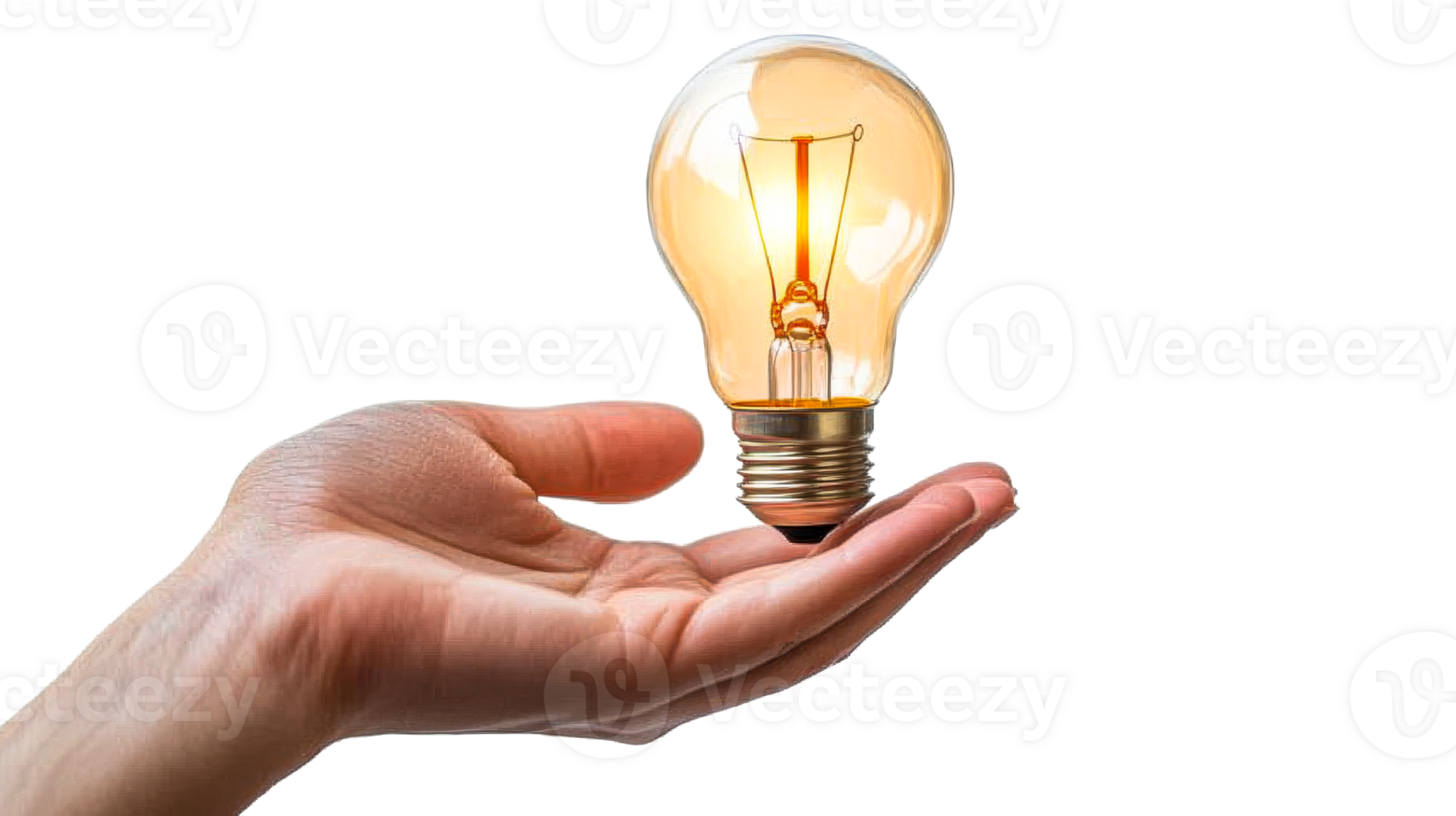 Bulb in hand, glowing, cut out transparent png