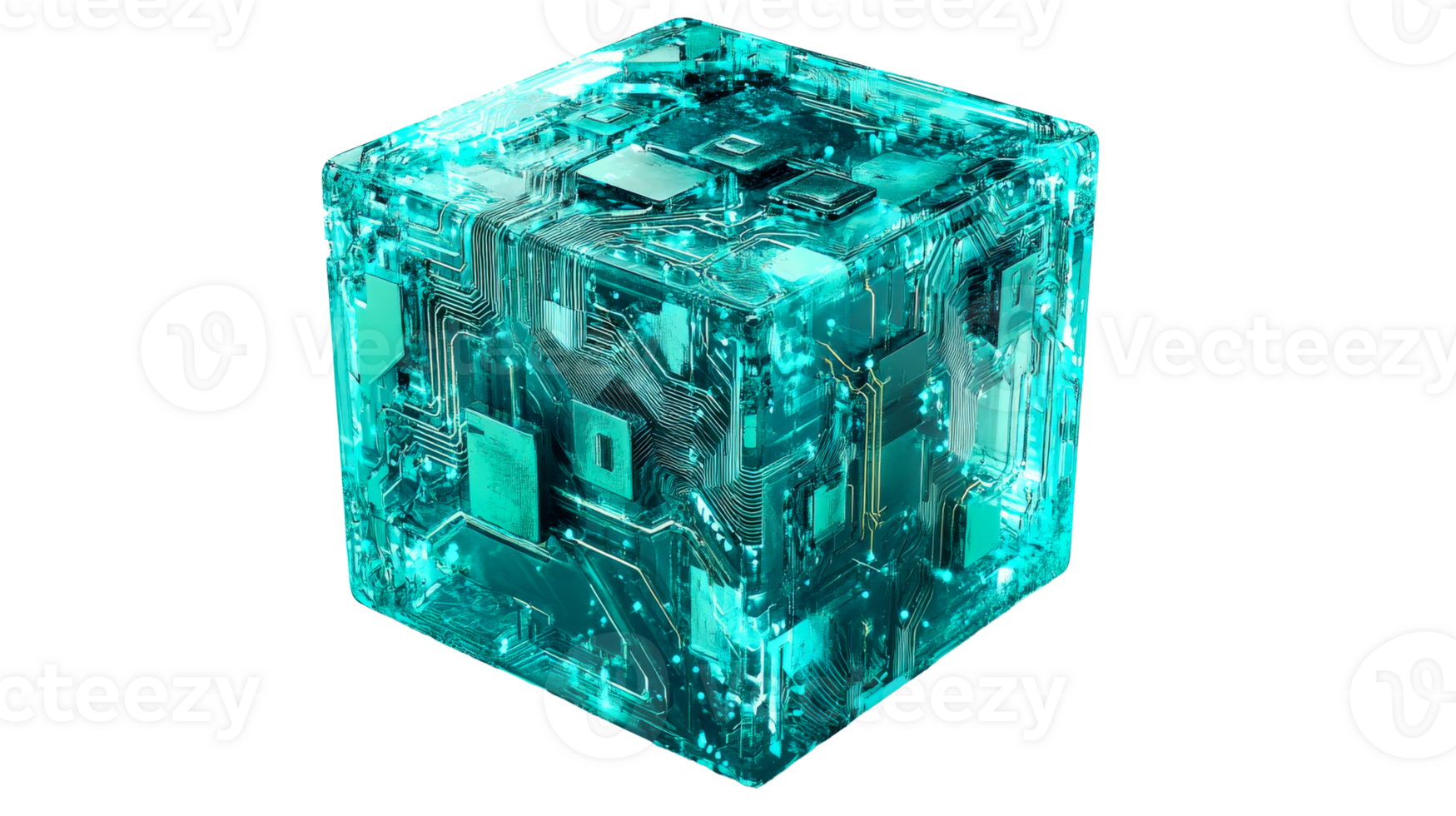 Complex Glowing Circuit Cube, cut out transparent png