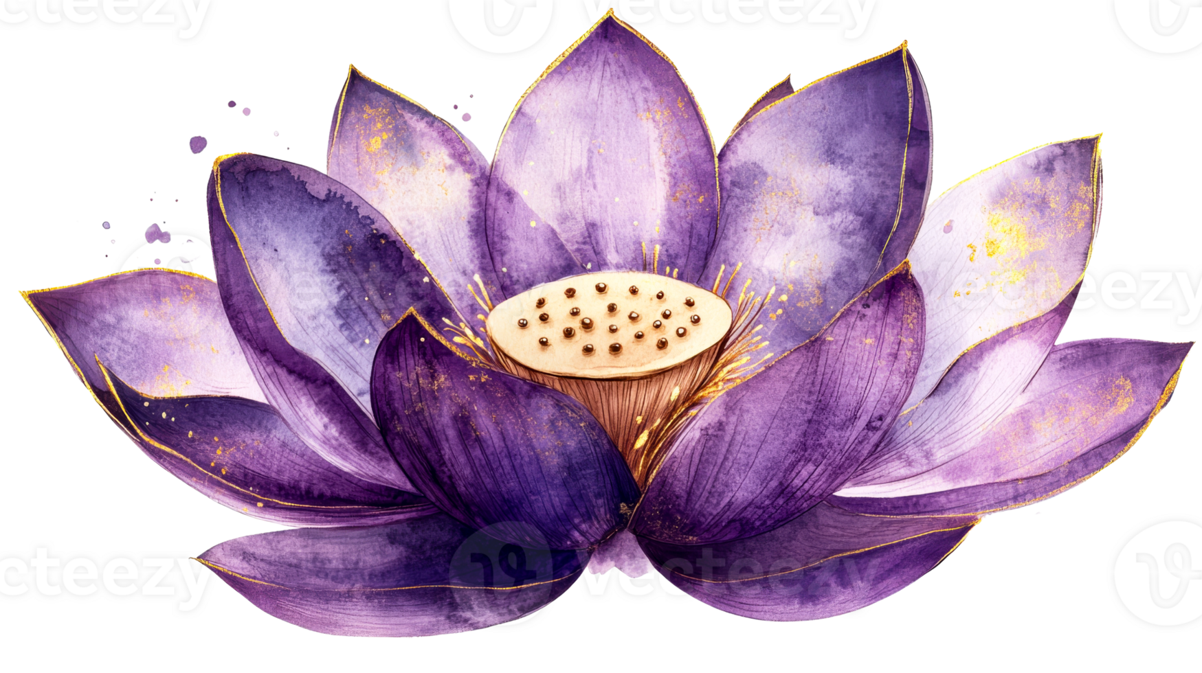Watercolor purple lotus with gold, cut out transparent png
