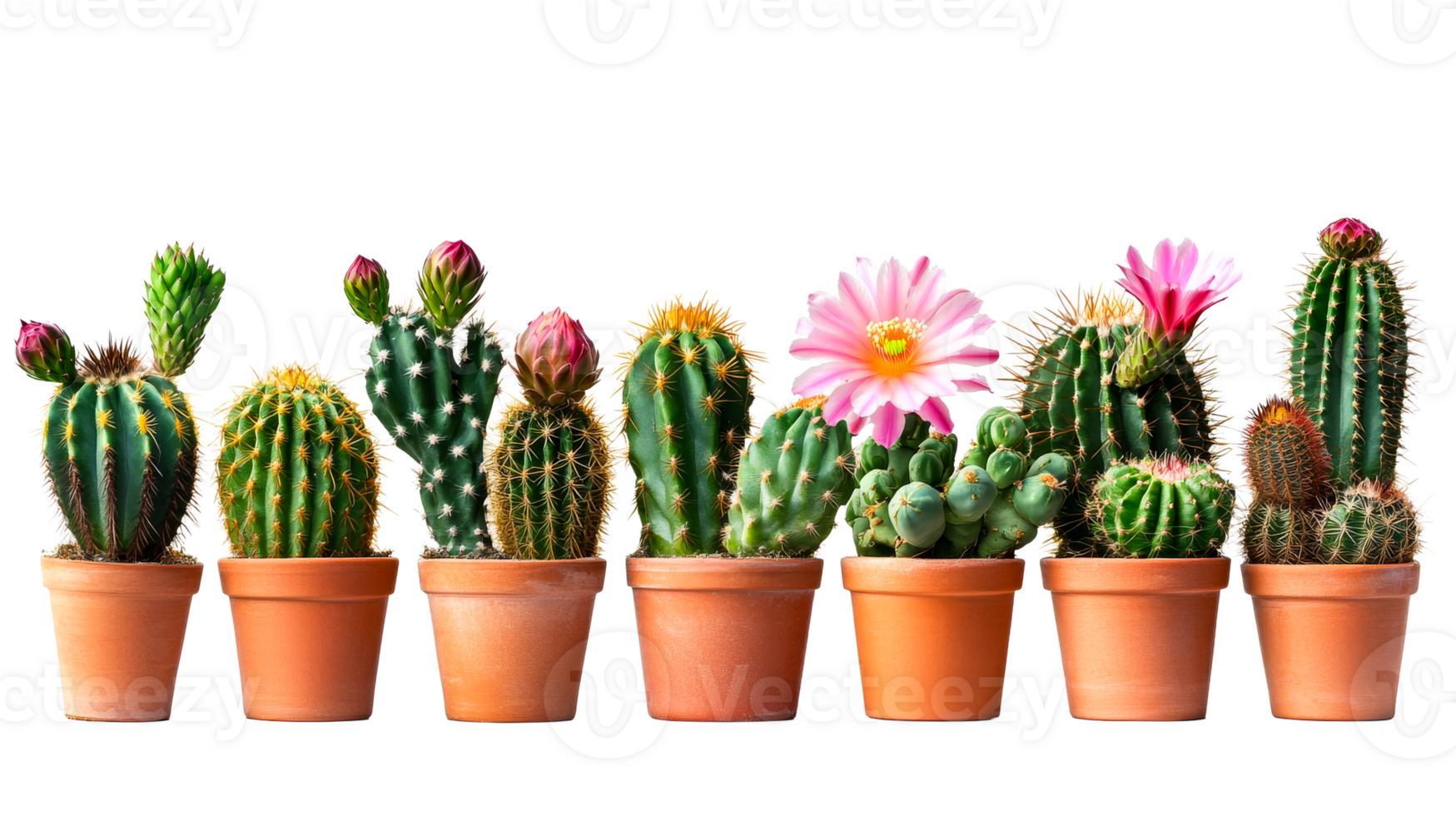 Row of potted cacti with flowers, cut out transparent png
