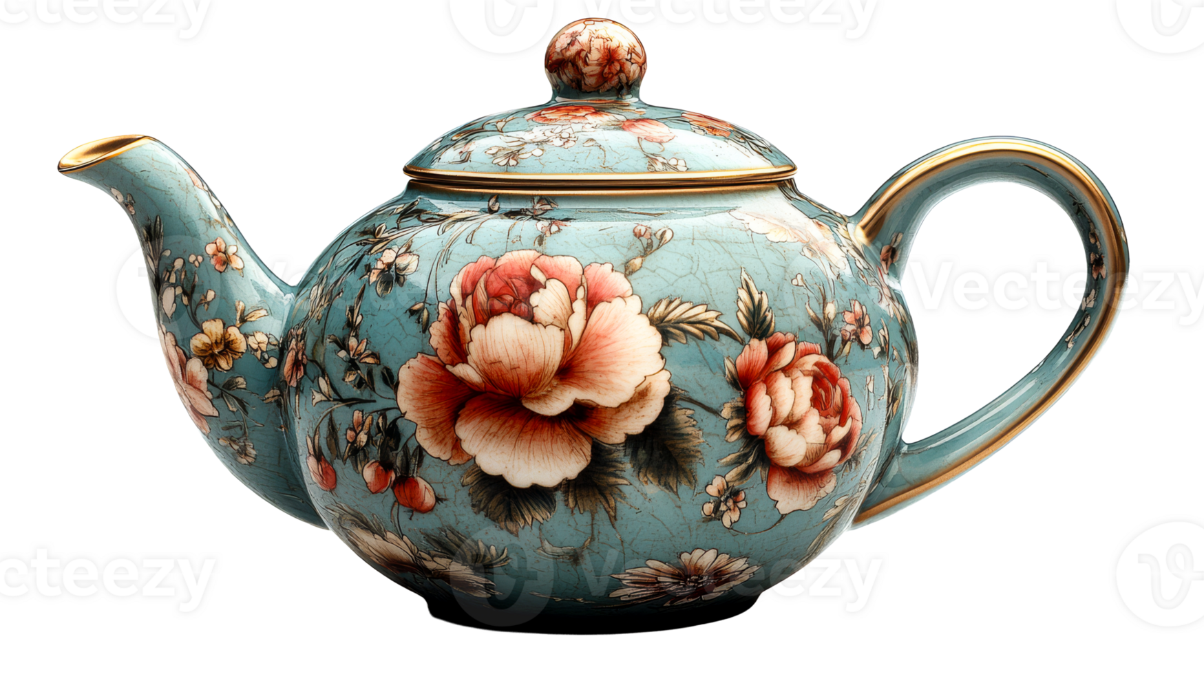 Floral Teapot, cut out transparent png