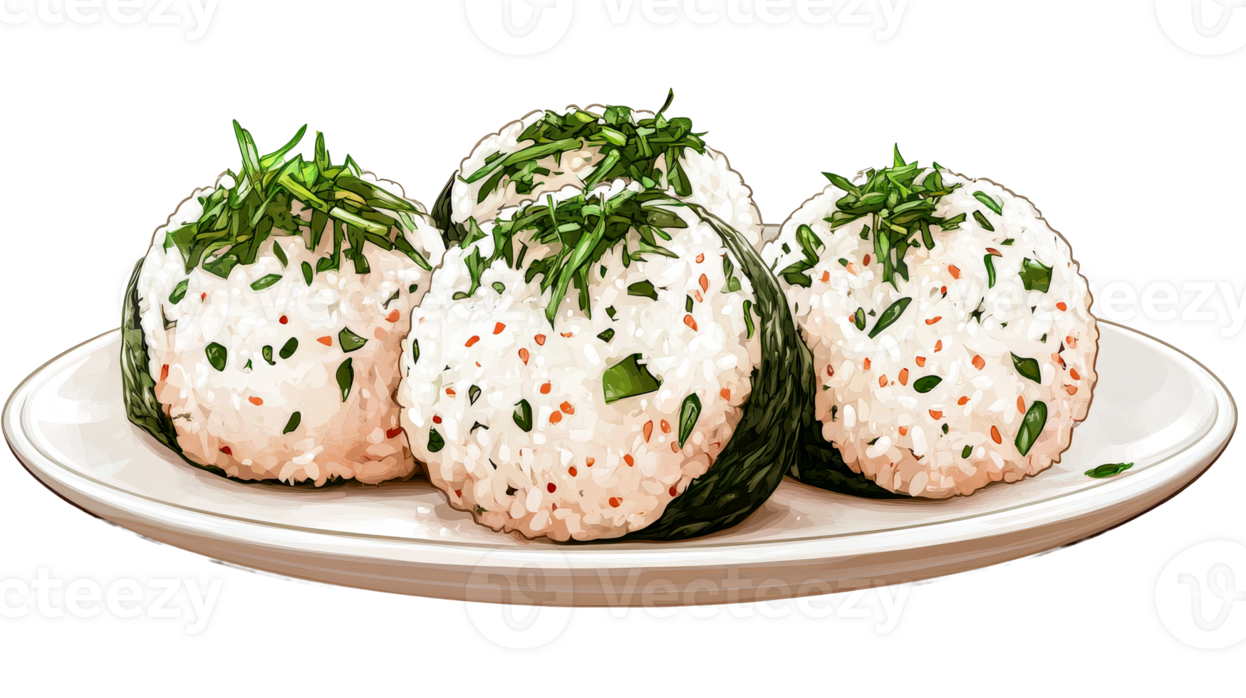 Rice Balls Onigiri with Herbs on Dish, cut out transparent png