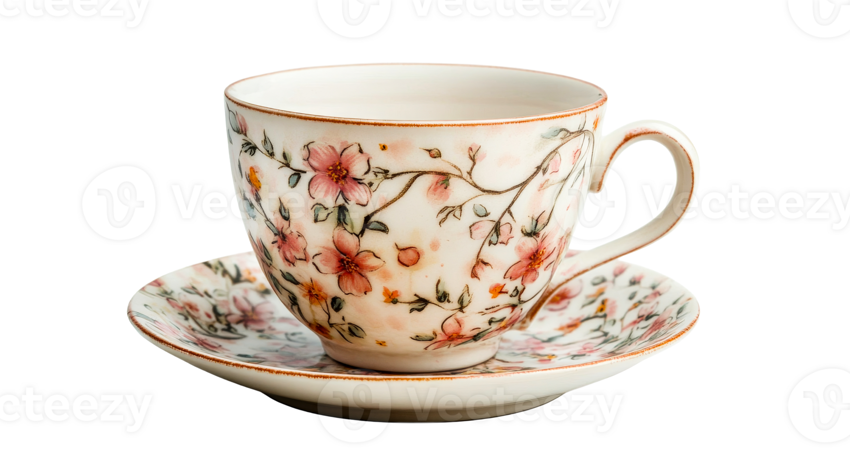 Floral pattern teacup and saucer, cut out transparent png