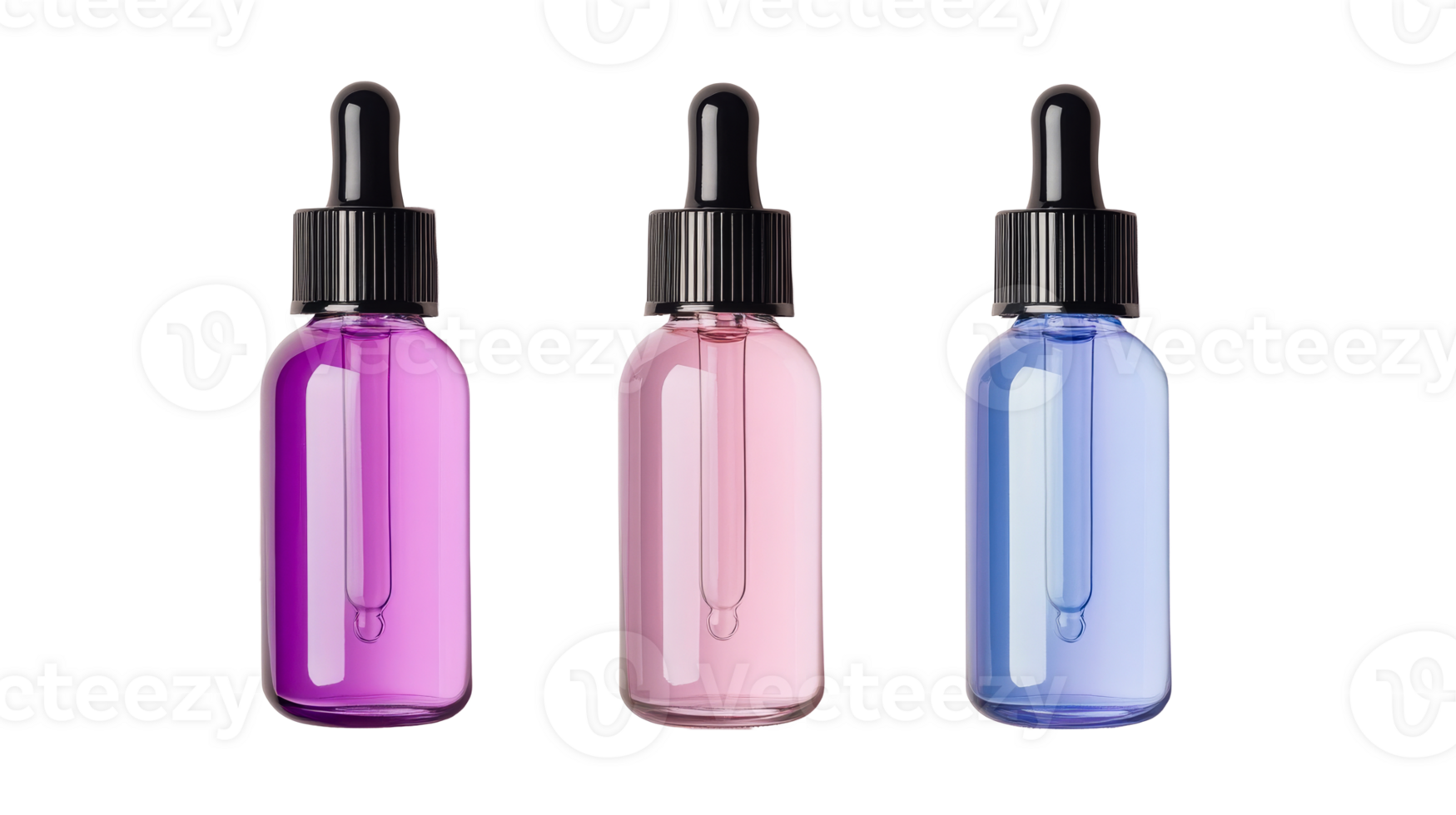 Cosmetic serum bottles, assorted colors, cut out transparent png