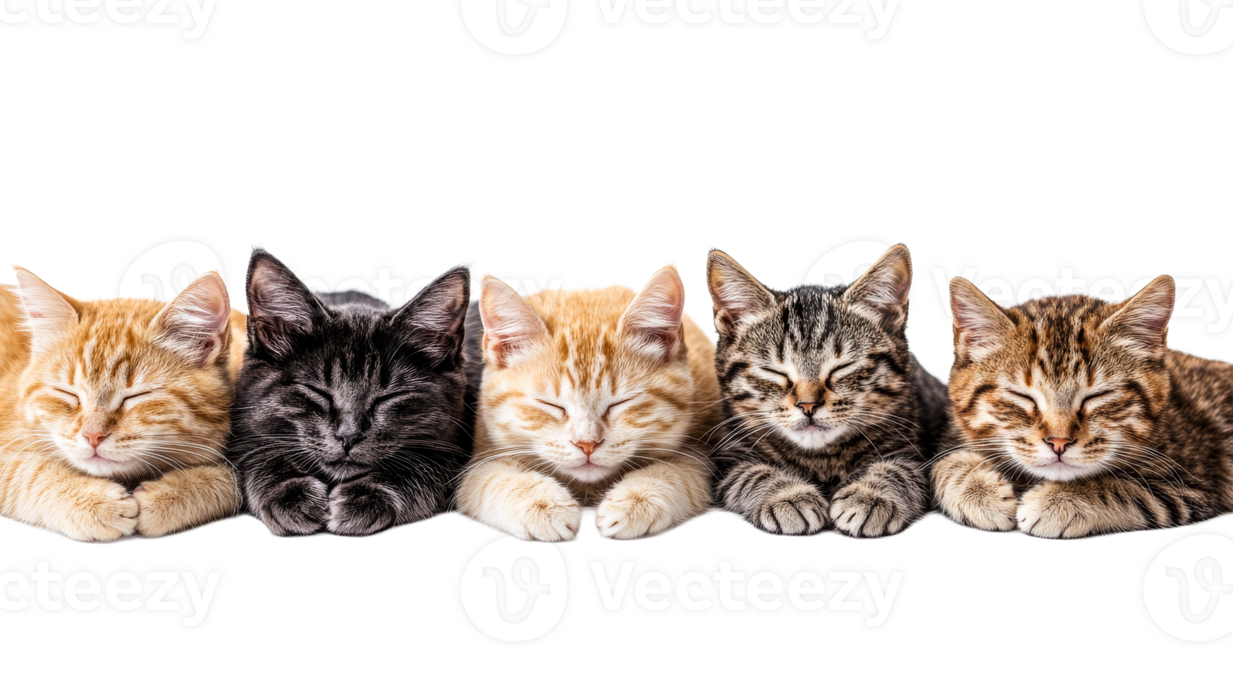 Diverse sleeping kittens row, cut out transparent png