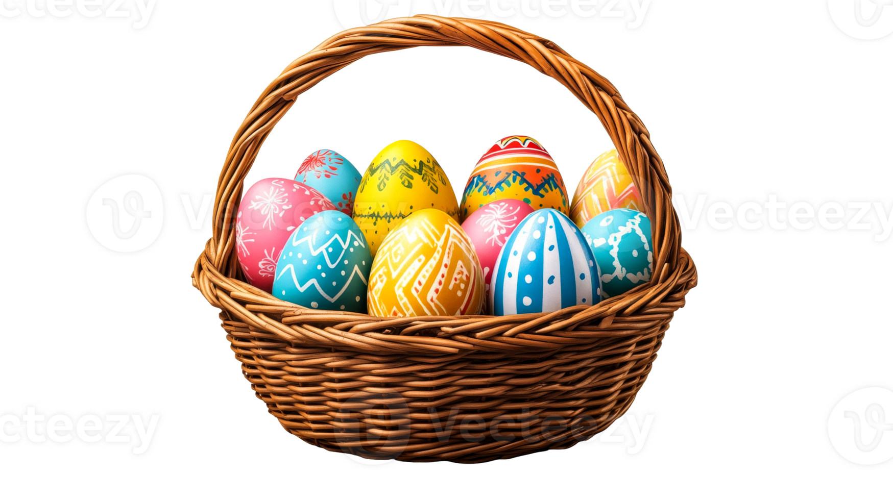 Painted Eggs in Wicker Basket, cut out transparent png