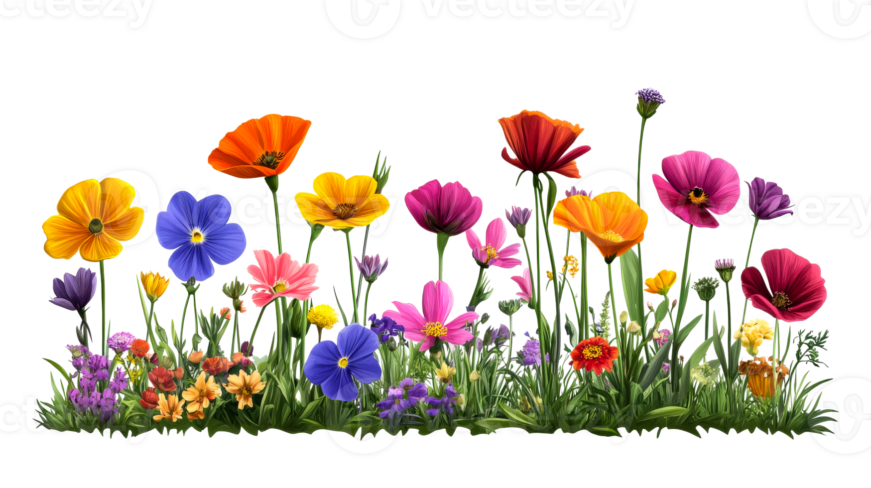Various colorful flowers with grass, cut out transparent png