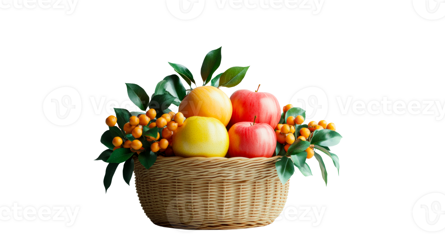 Fruit basket with apples, berries, foliage, cut out transparent png