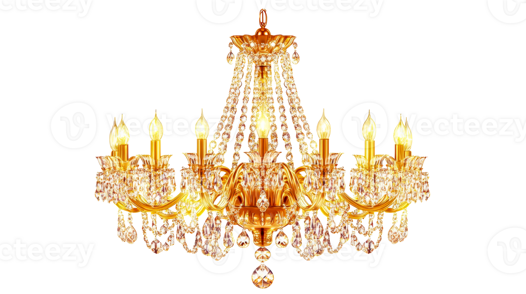 Golden chandelier with crystal pendants, cut out transparent png