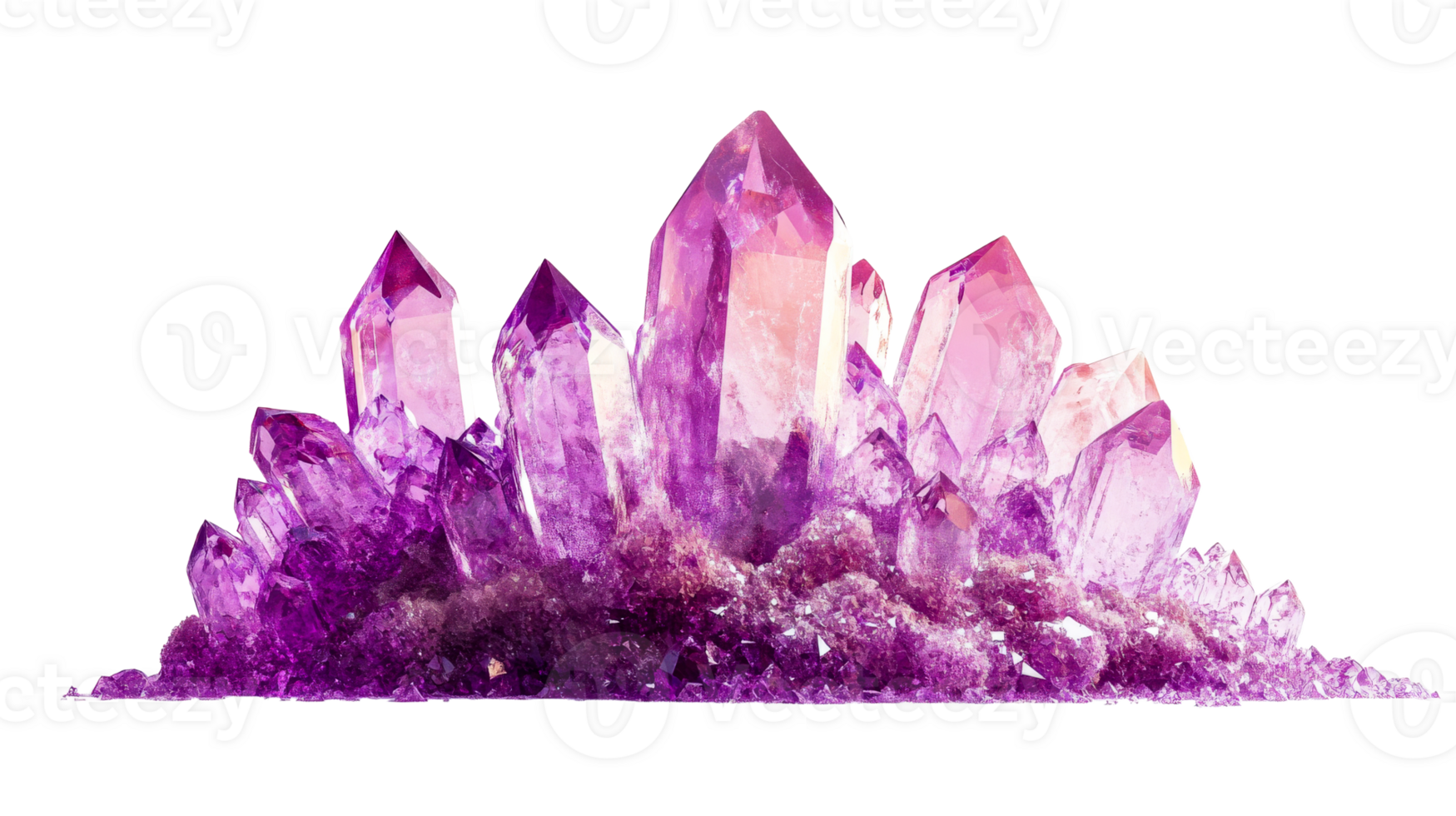 Cluster of amethyst crystals, cut out transparent png