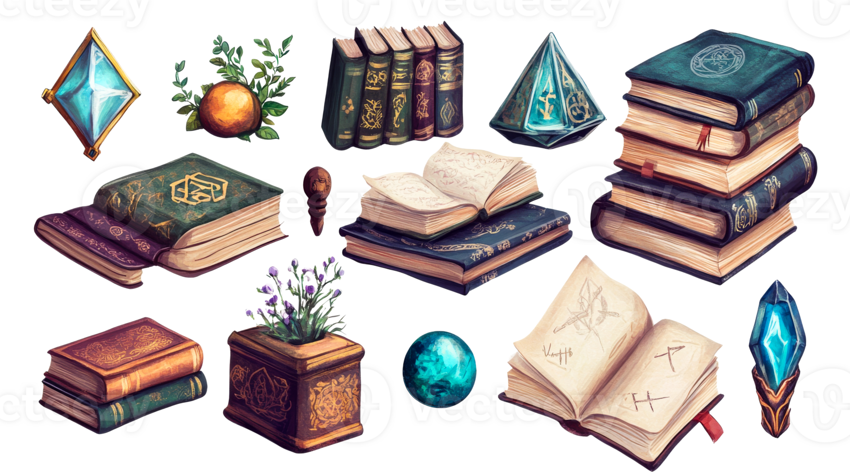 Grimoires with crystal, potion, floral element, cut out transparent png