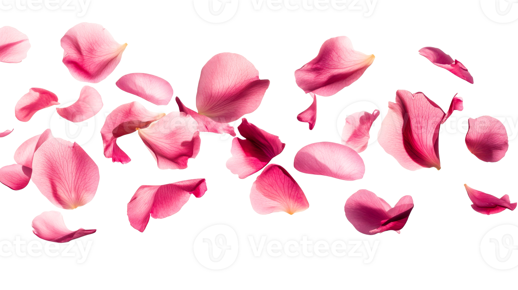 Scattered pink petals on black, cut out transparent png
