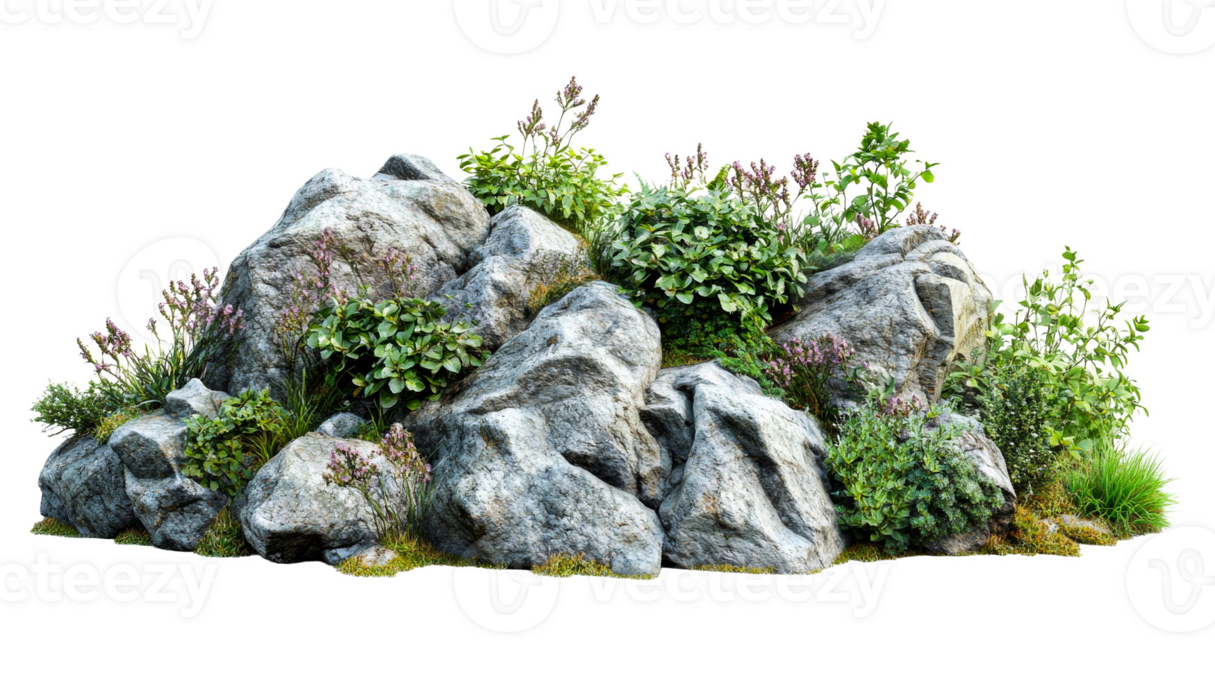 Rocks with foliage and flowers, cut out transparent png
