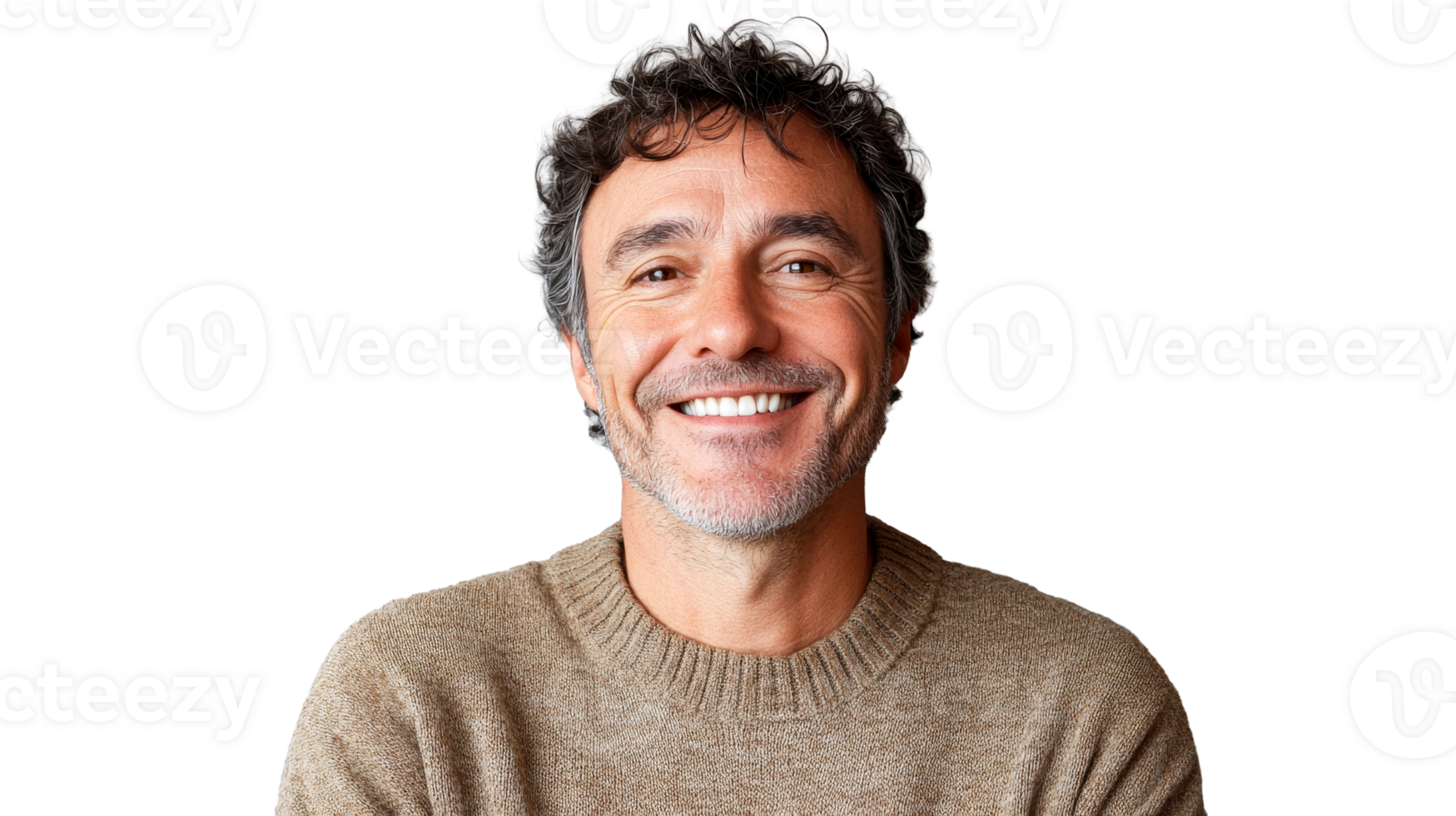 Smiling man with curly hair in warm sweater png
