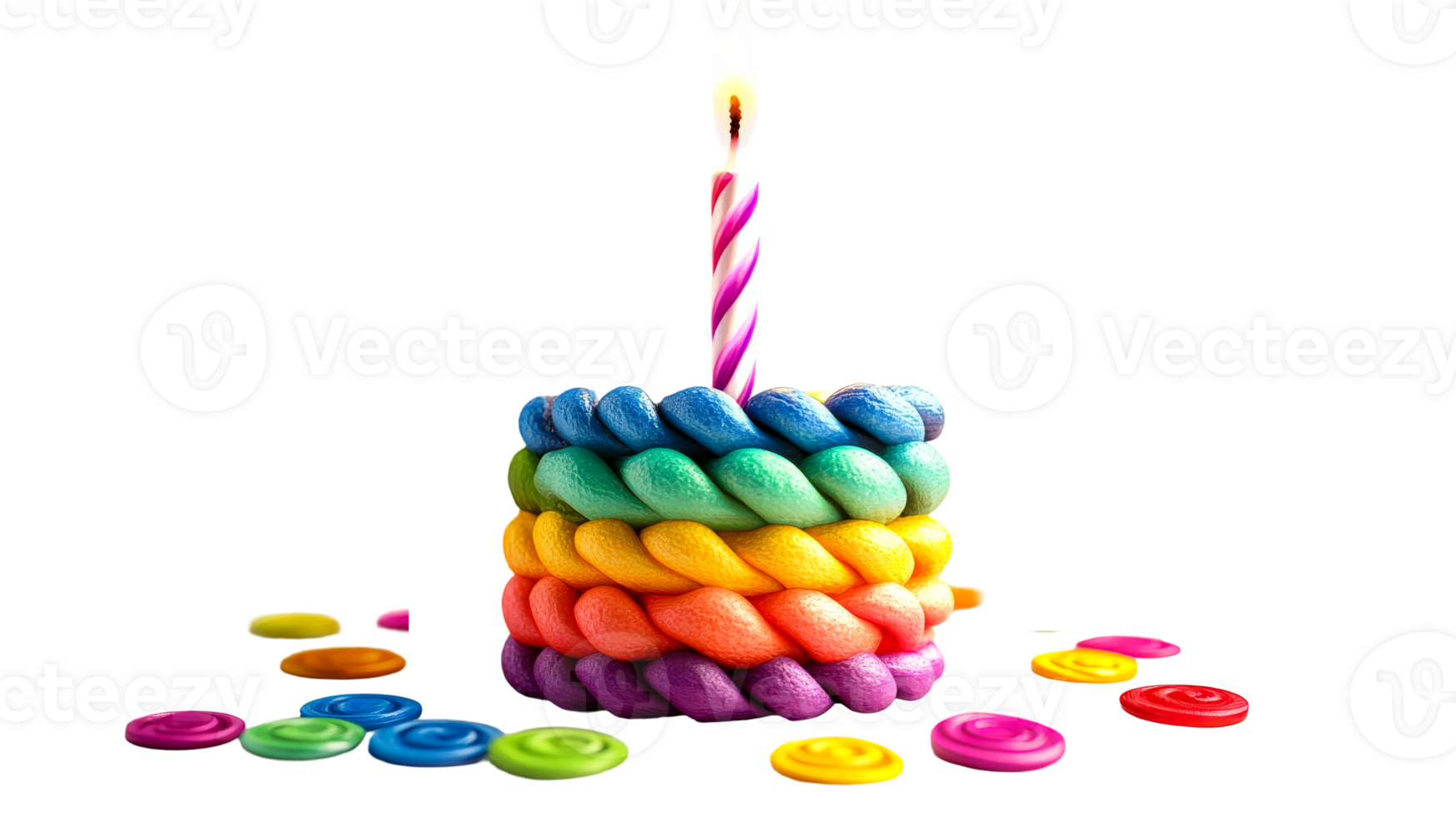 Colorful cake with candle and candy decorations png