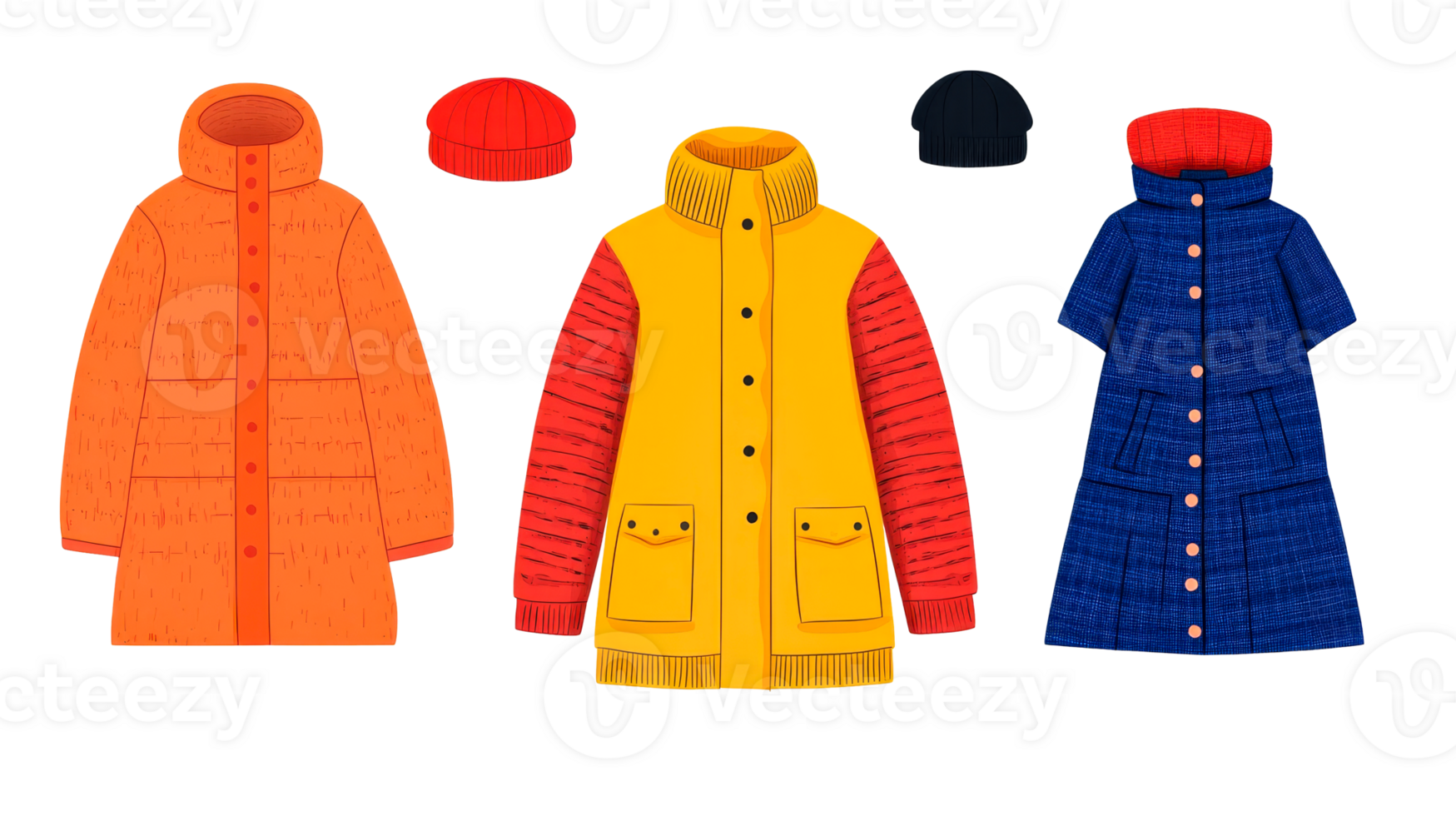 Three stylish jackets and hats design collection png