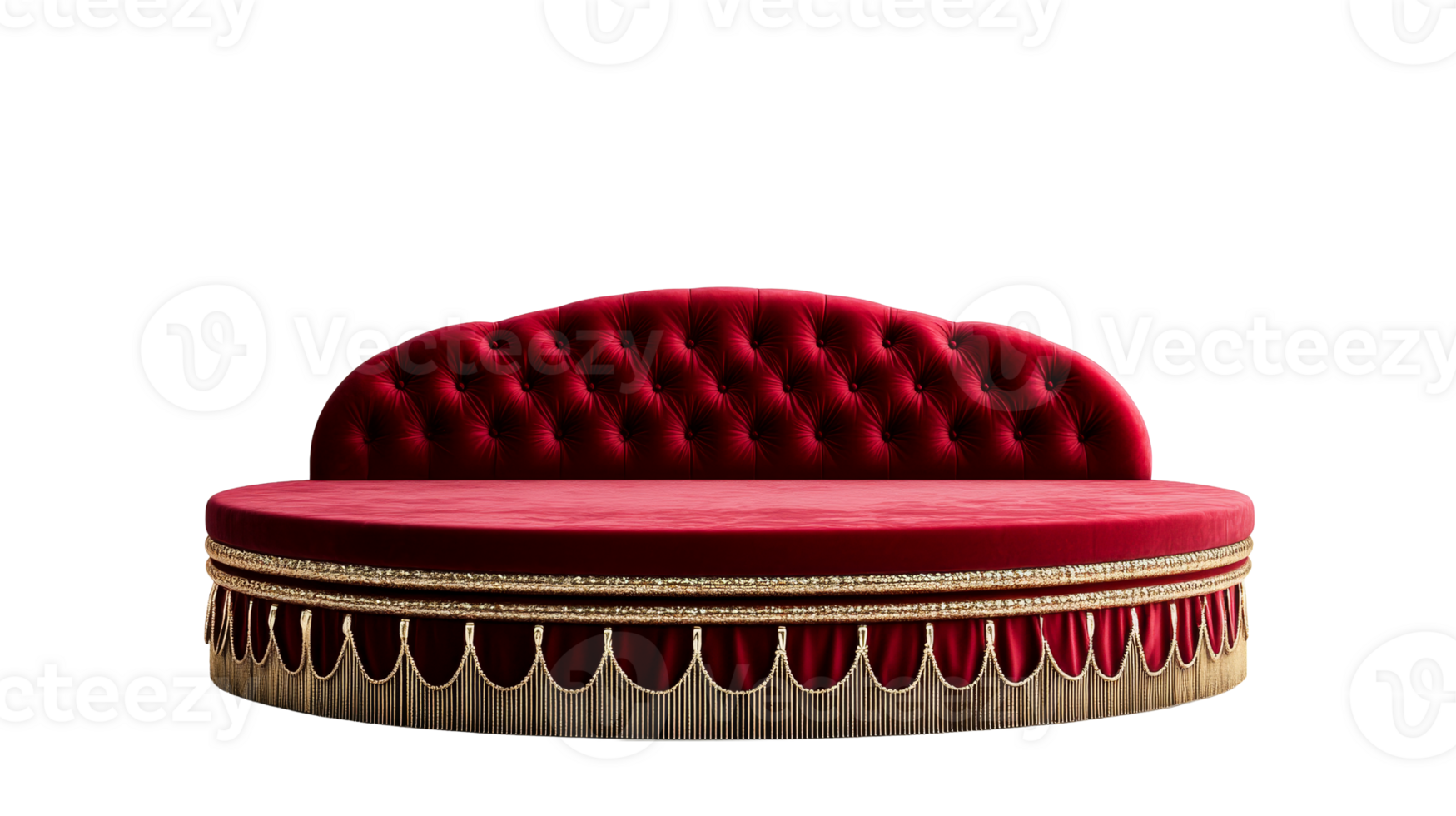 Luxurious red velvet round sofa with elegant trim png