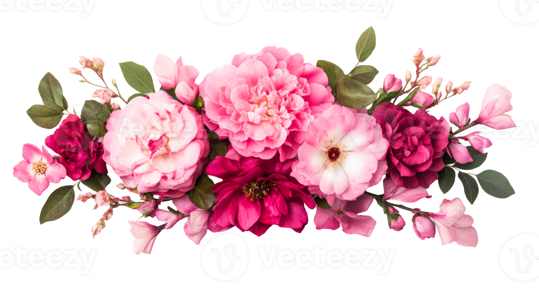 Pink flowers with green leaves png