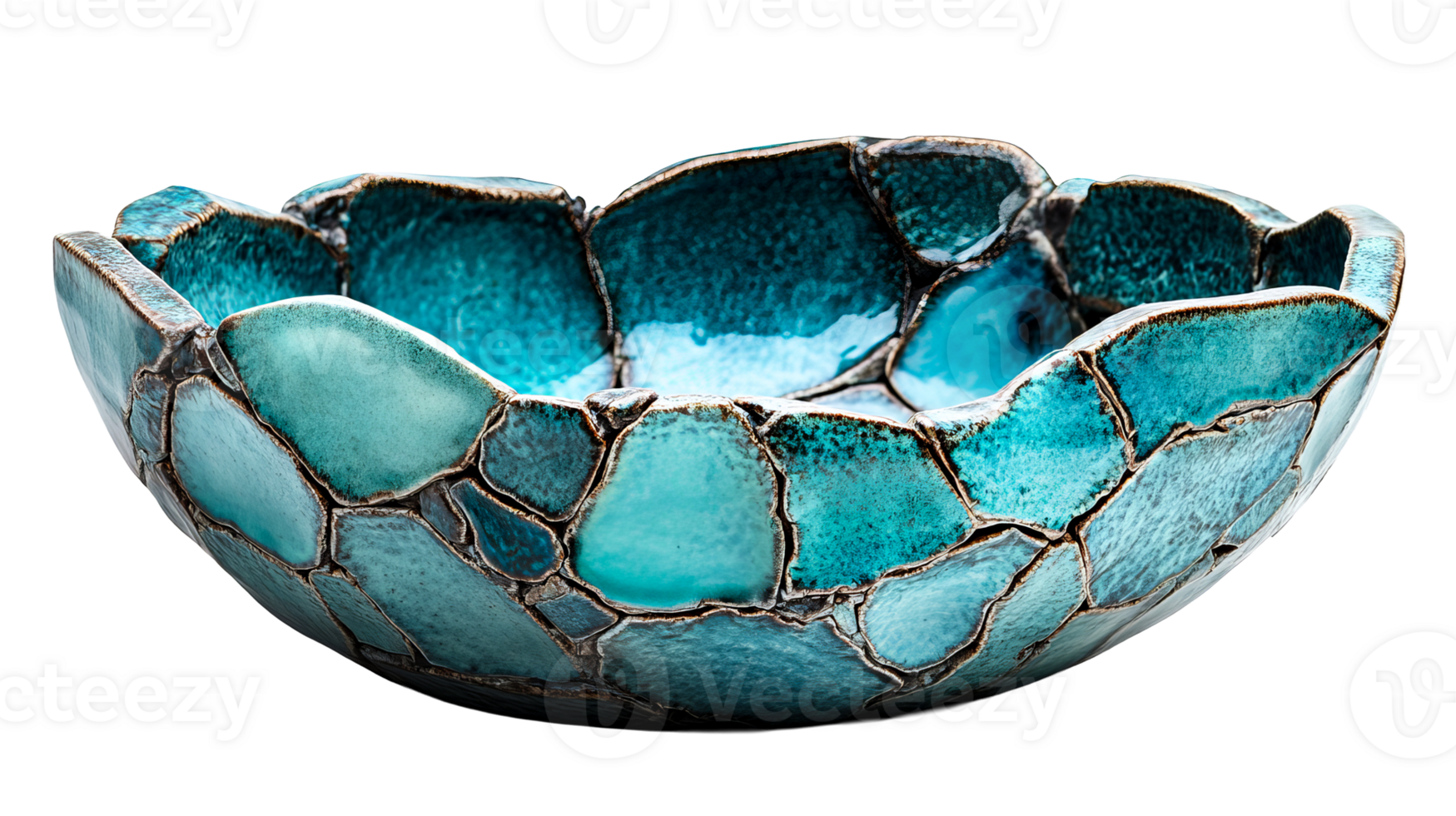 Ceramic bowl with blue green mosaic design png