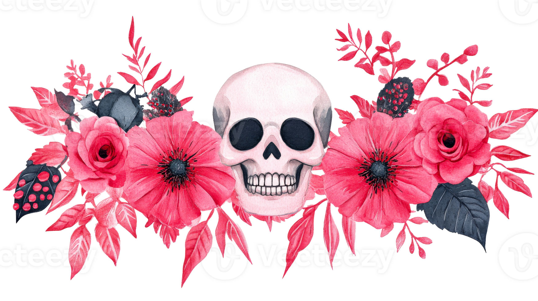 Floral skull design with pink blooms and leaves png