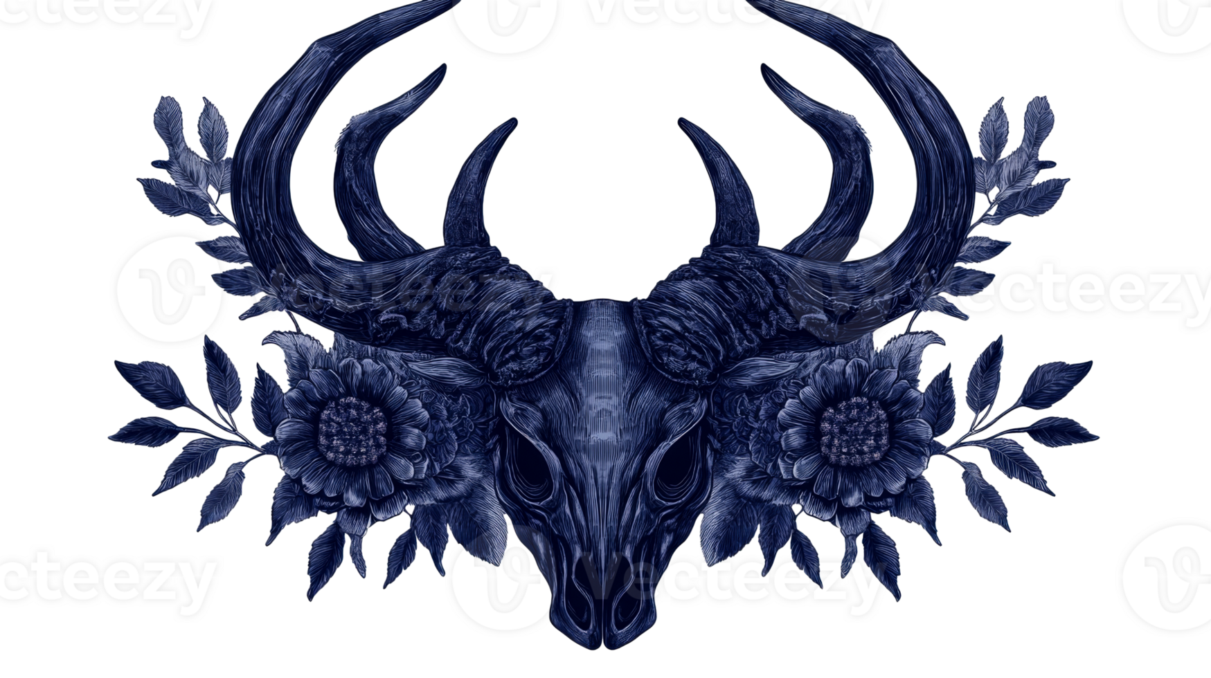 Dark floral bull skull design with horns png
