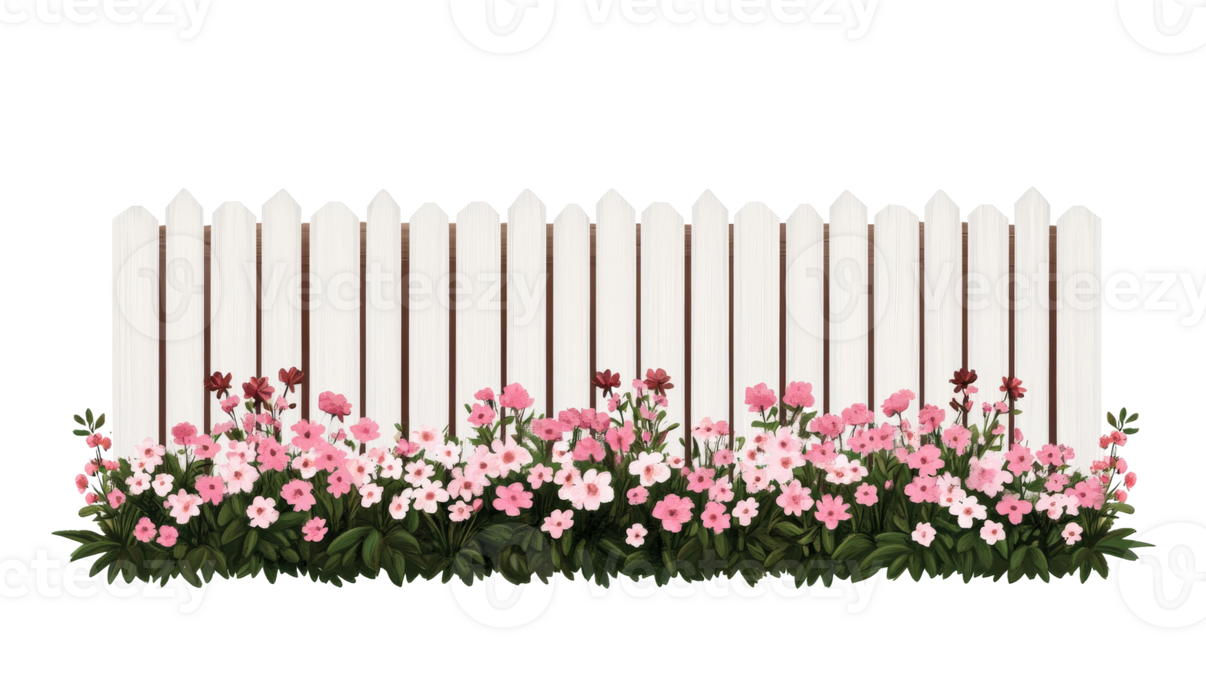 Colorful flowers along a white fence in garden png