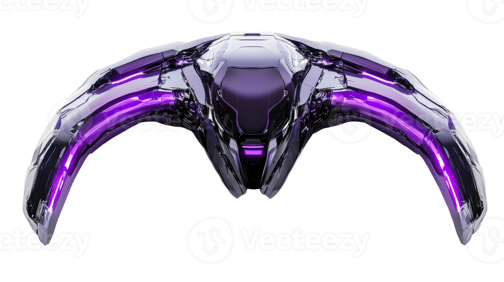 Alien spaceship chrome with violet light, cut out transparent png